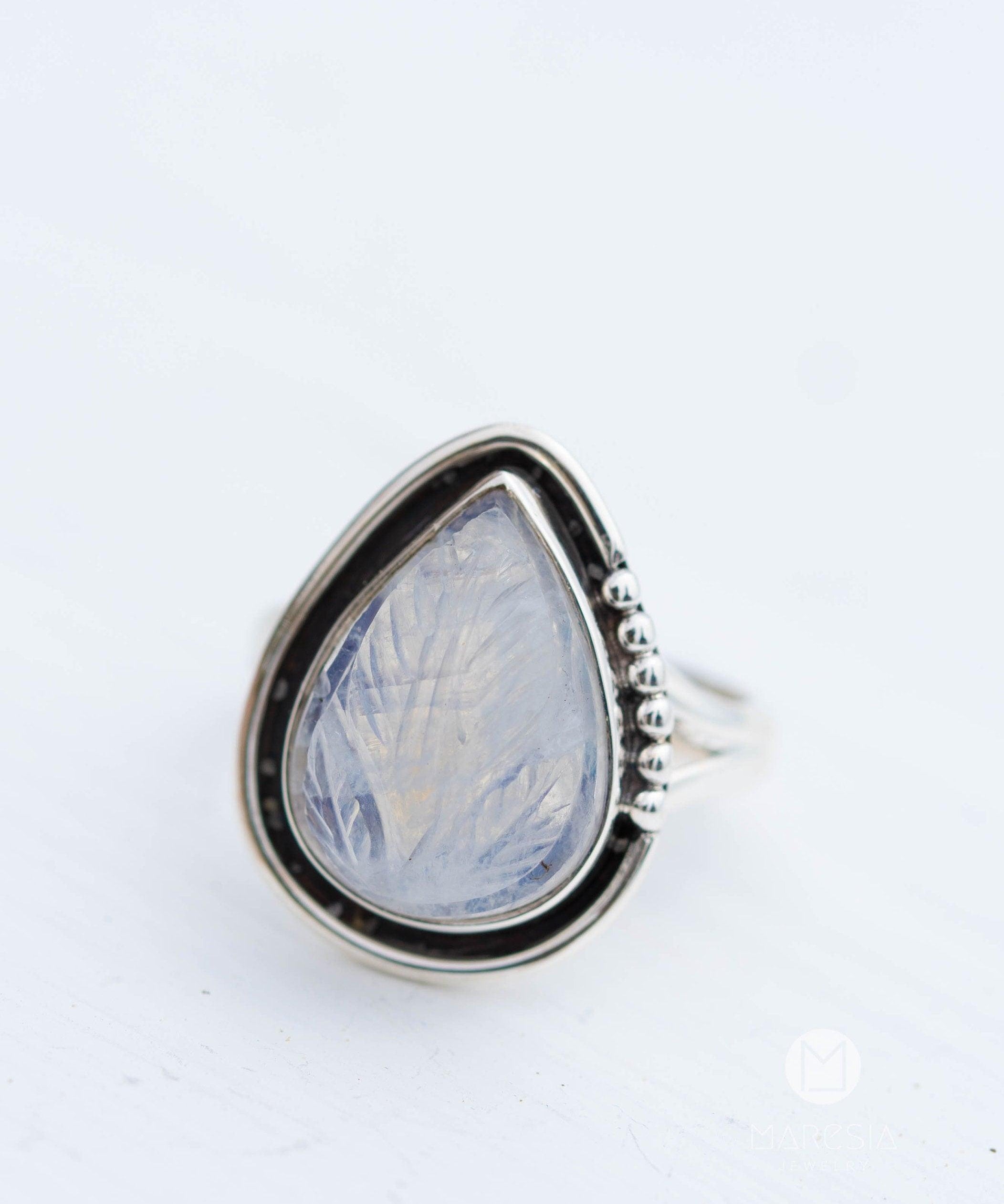 Moonstone Leaf Sculped accent~ Sterling Silver 925 ~ Handmade ~ Gemstone ~Statement Tear Drop stone ~ Hippie ~Bohemian~June Birthstone~MR248