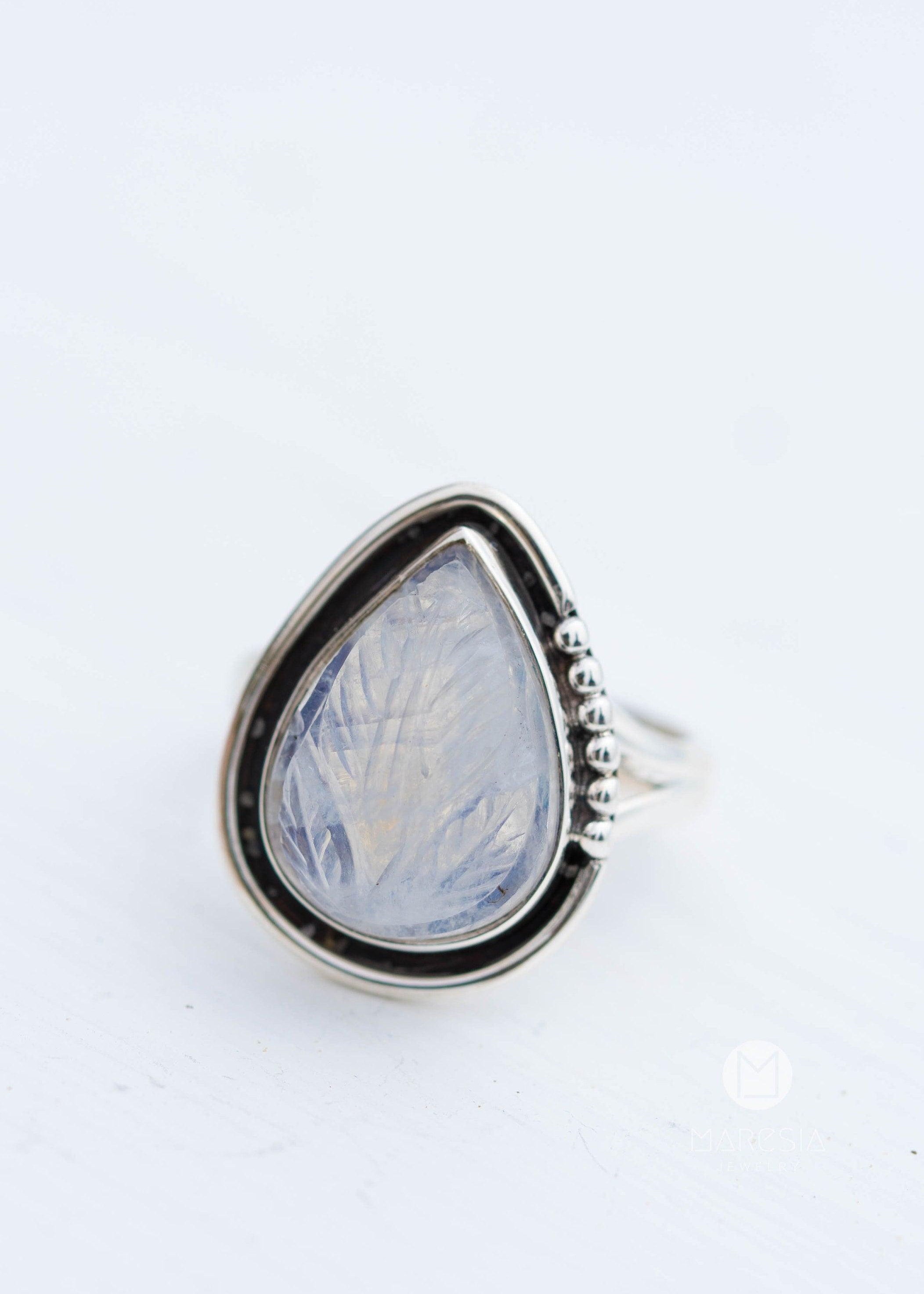 Moonstone Leaf Sculped accent~ Sterling Silver 925 ~ Handmade ~ Gemstone ~Statement Tear Drop stone ~ Hippie ~Bohemian~June Birthstone~MR248
