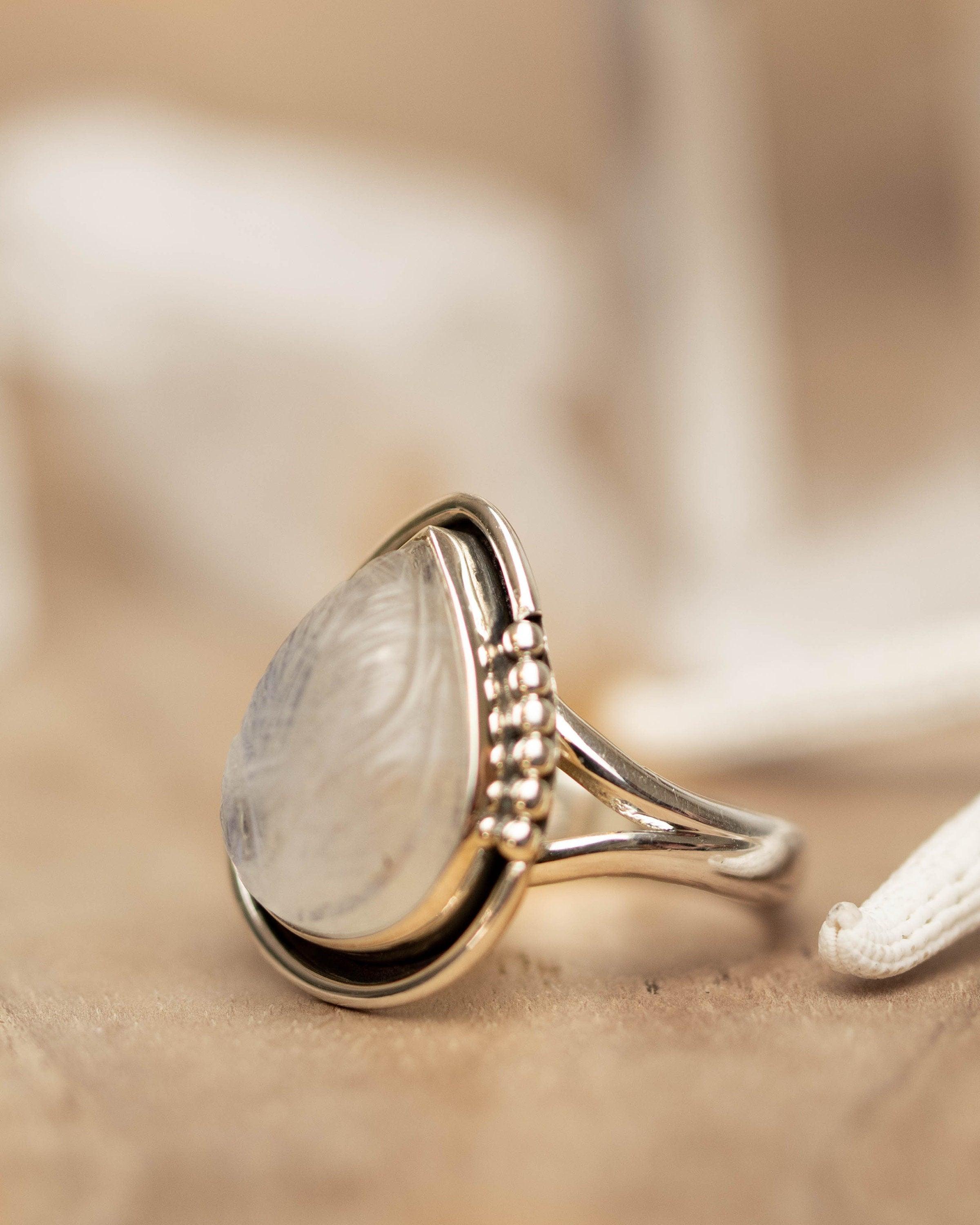 Moonstone Leaf Sculped accent~ Sterling Silver 925 ~ Handmade ~ Gemstone ~Statement Tear Drop stone ~ Hippie ~Bohemian~June Birthstone~MR248