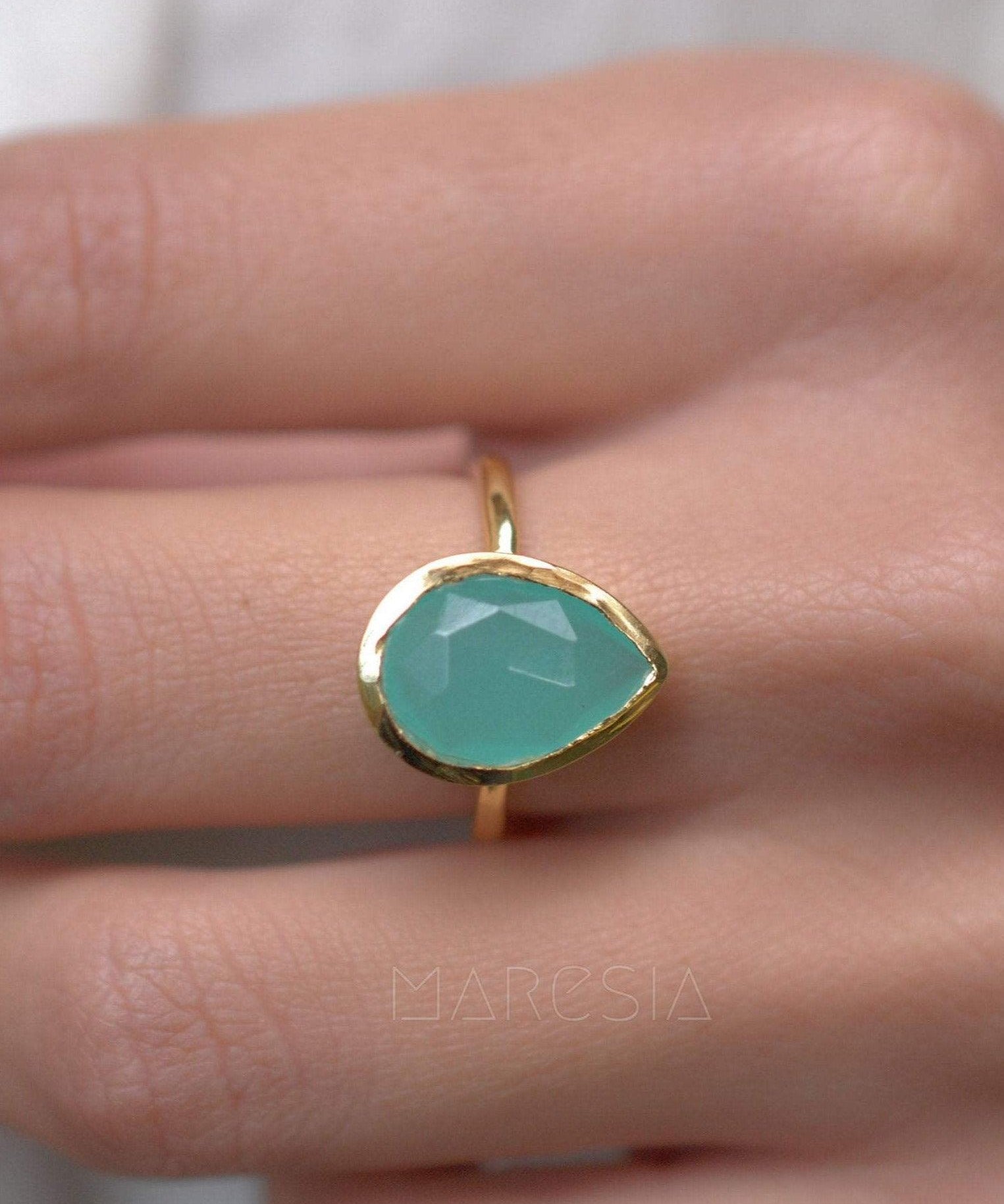 Lia Aqua Chalcedony Gold Ring ~ 18k Gold Plated ~MR028 - Maresia Jewelry