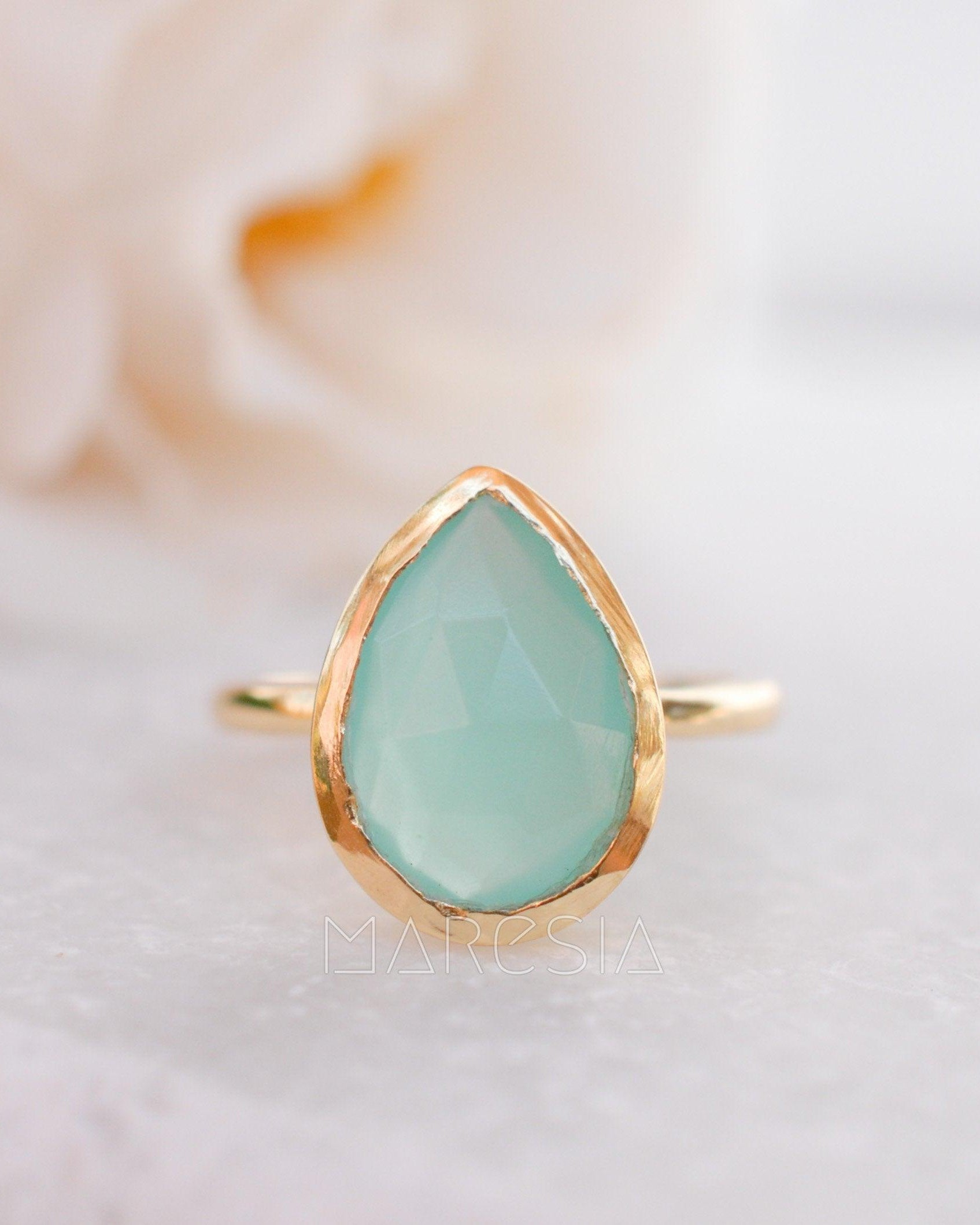 Lia Aqua Chalcedony Gold Ring ~ 18k Gold Plated ~MR028 - Maresia Jewelry