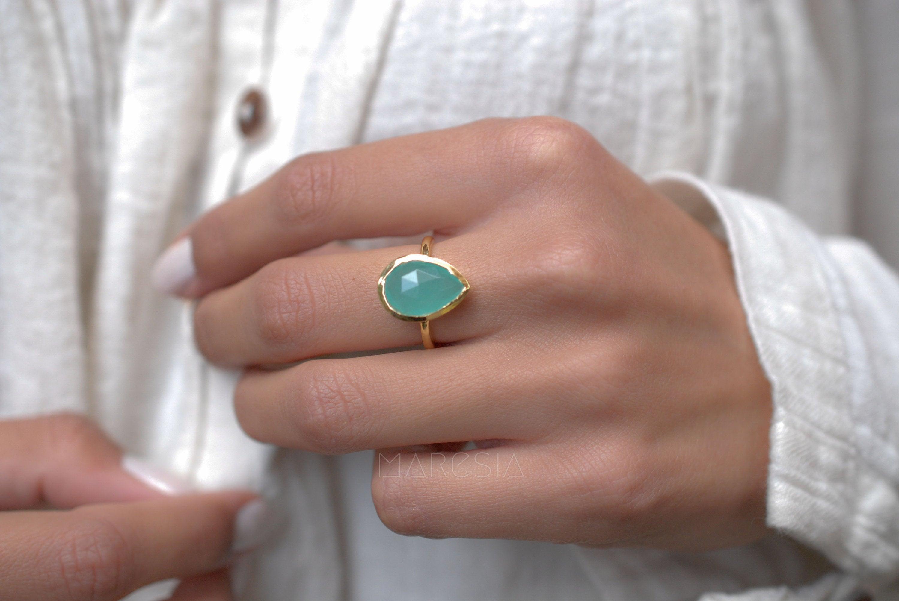 Lia Aqua Chalcedony Gold Ring ~ 18k Gold Plated ~MR028 - Maresia Jewelry