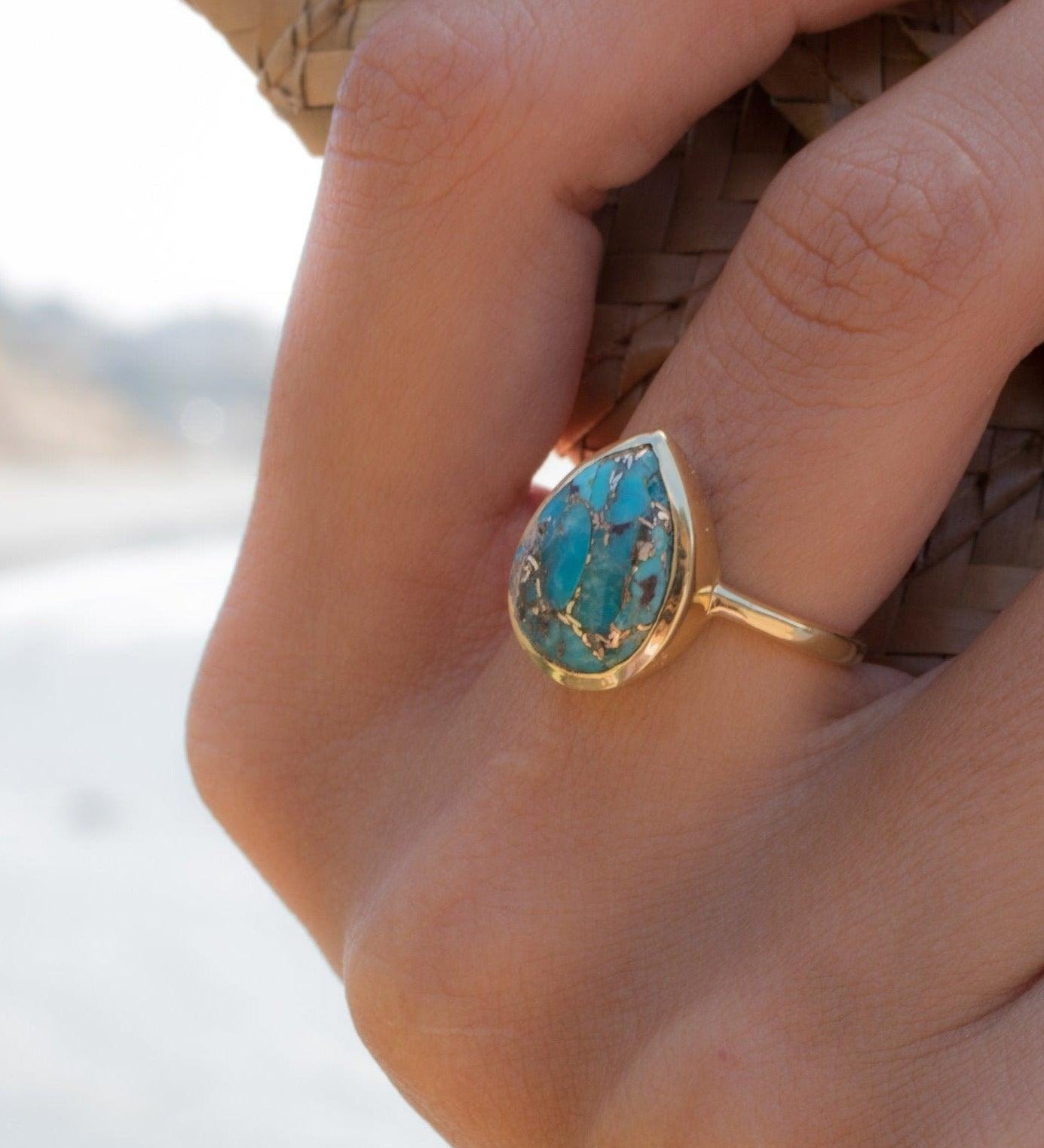 Copper Turquoise Tear Drop Ring ~  18k Gold Plated ~ MR122A - Maresia Jewelry