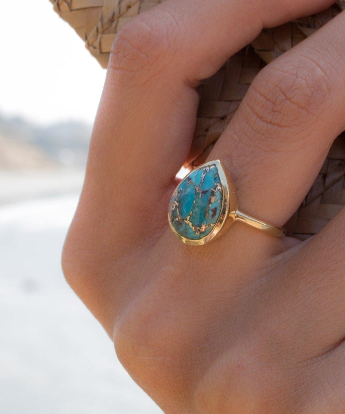 Copper Turquoise Tear Drop Ring ~  18k Gold Plated ~ MR122A - Maresia Jewelry