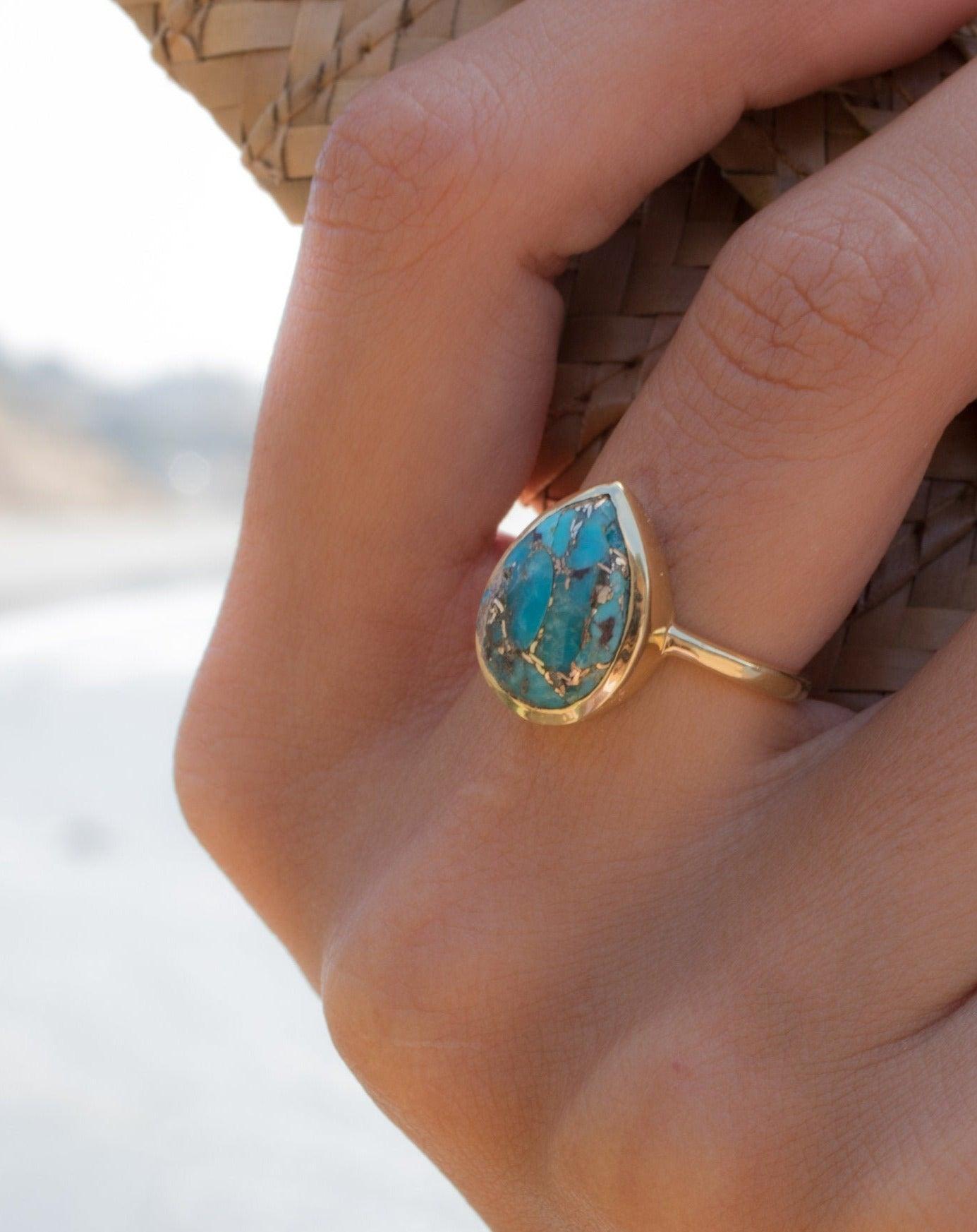 Copper Turquoise Tear Drop Ring ~  18k Gold Plated ~ MR122A - Maresia Jewelry