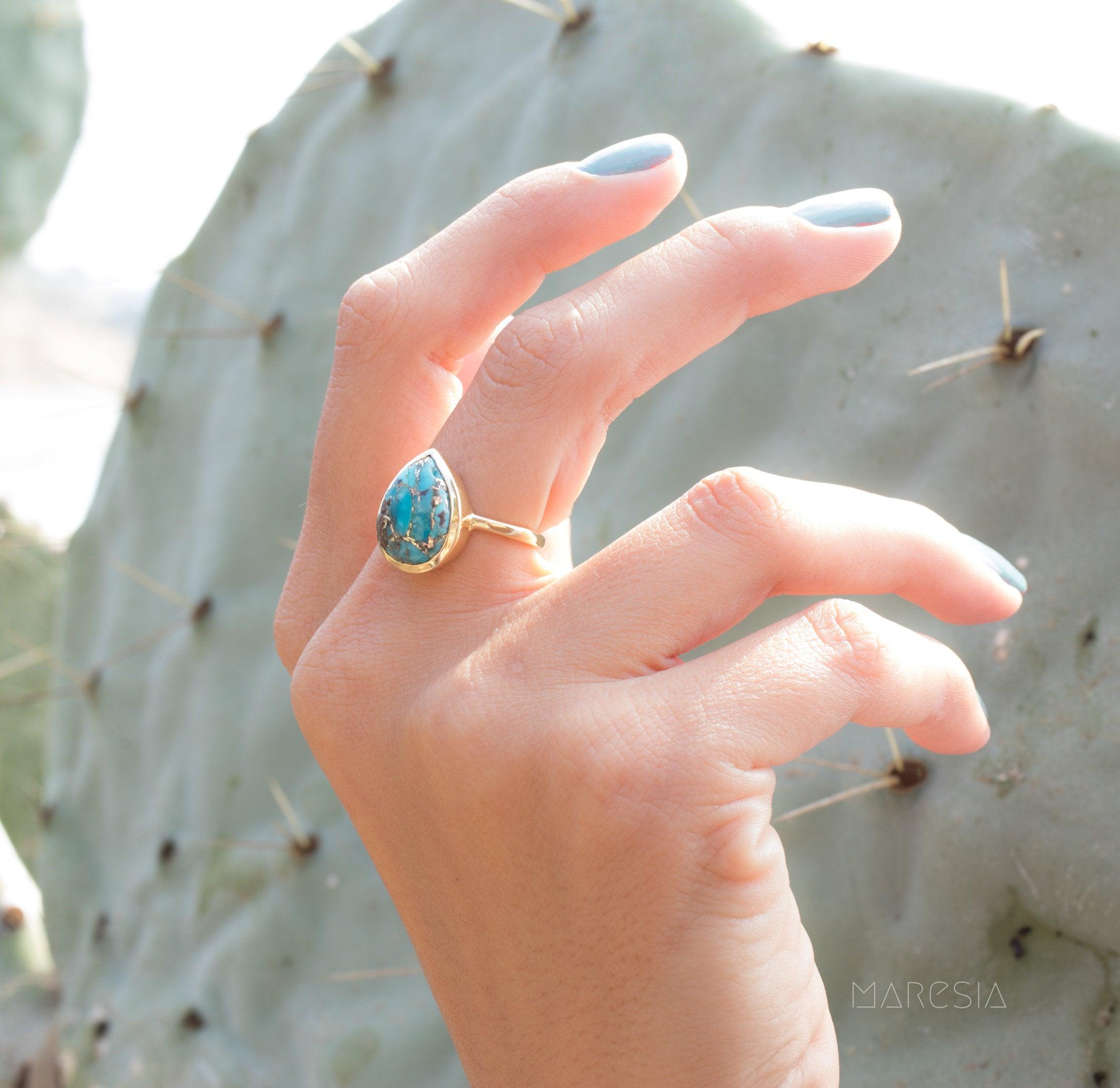 Copper Turquoise Tear Drop Ring ~  18k Gold Plated ~ MR122A - Maresia Jewelry