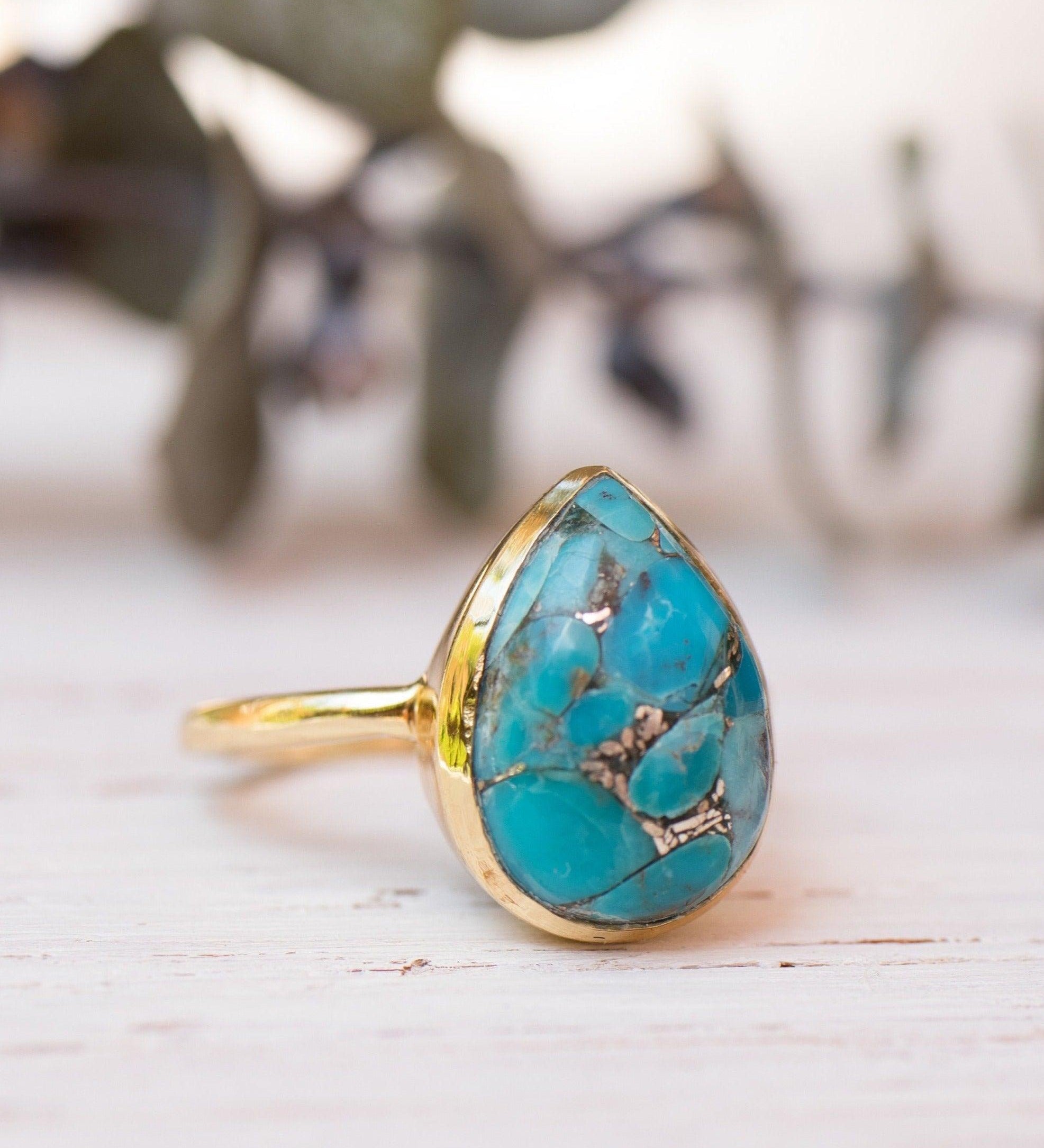 Copper Turquoise Tear Drop Ring ~  18k Gold Plated ~ MR122A - Maresia Jewelry