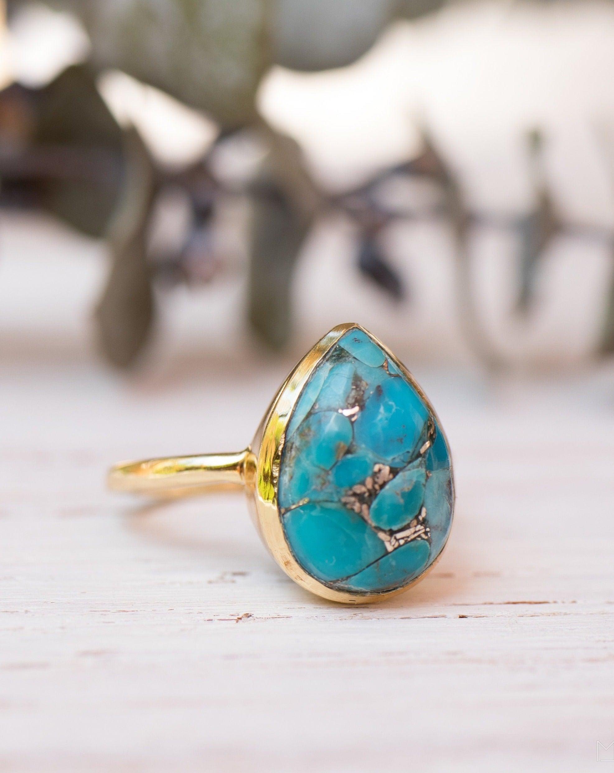 Copper Turquoise Tear Drop Ring ~  18k Gold Plated ~ MR122A - Maresia Jewelry