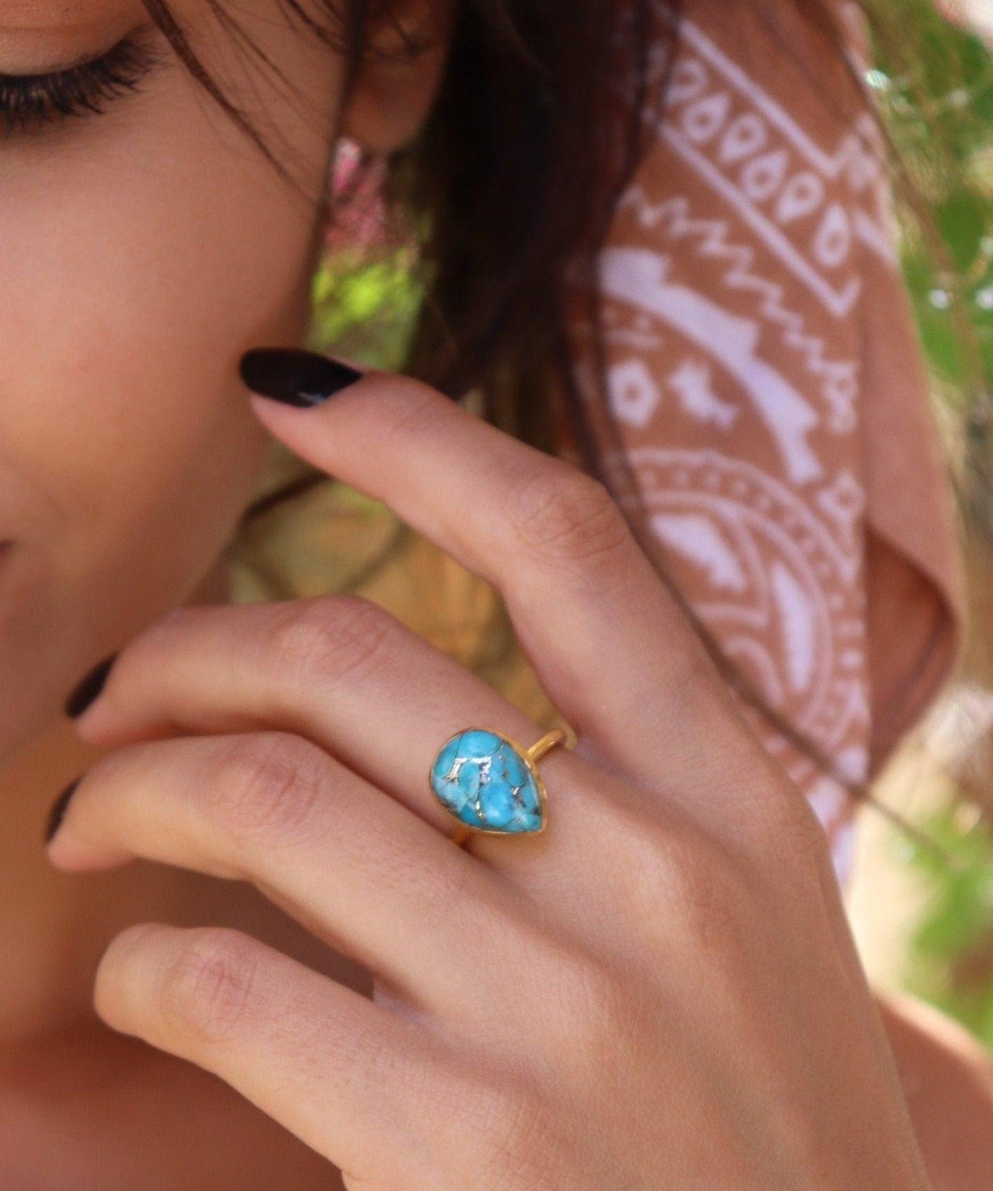 Copper Turquoise Tear Drop Ring ~  18k Gold Plated ~ MR122A - Maresia Jewelry