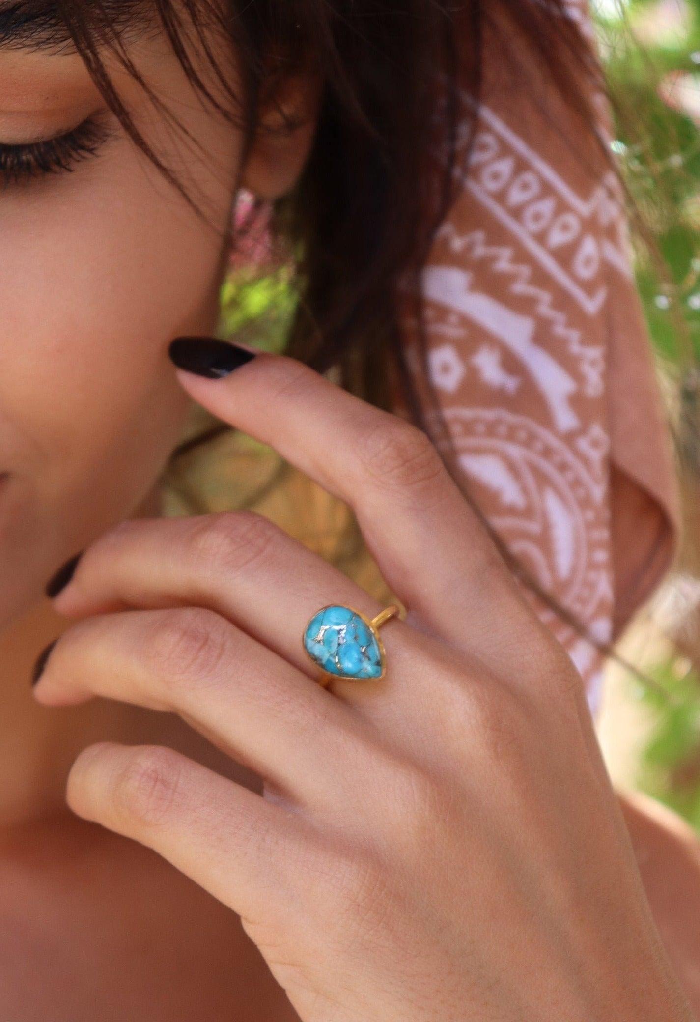 Copper Turquoise Tear Drop Ring ~  18k Gold Plated ~ MR122A - Maresia Jewelry