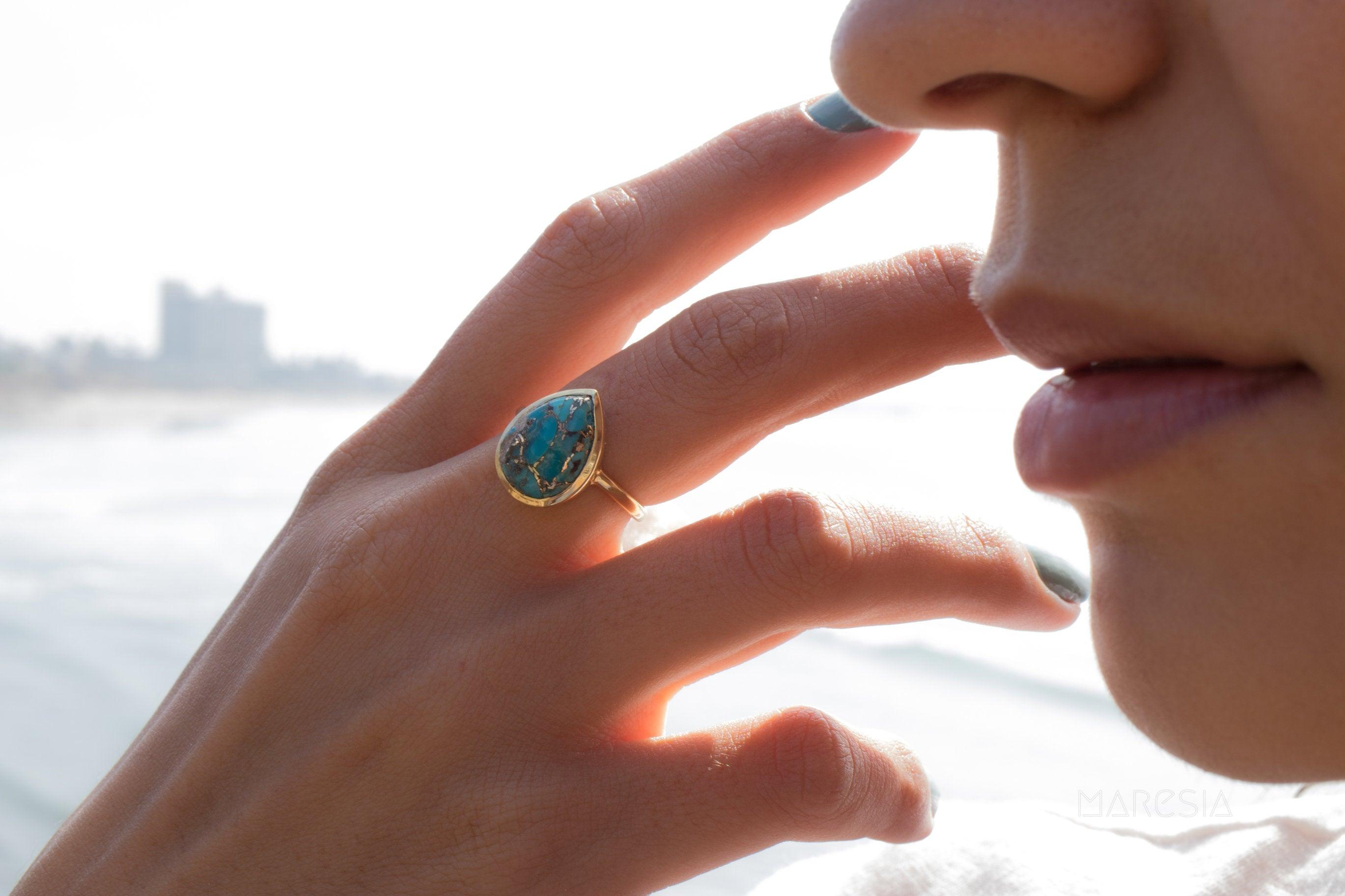 Copper Turquoise Tear Drop Ring ~  18k Gold Plated ~ MR122A - Maresia Jewelry