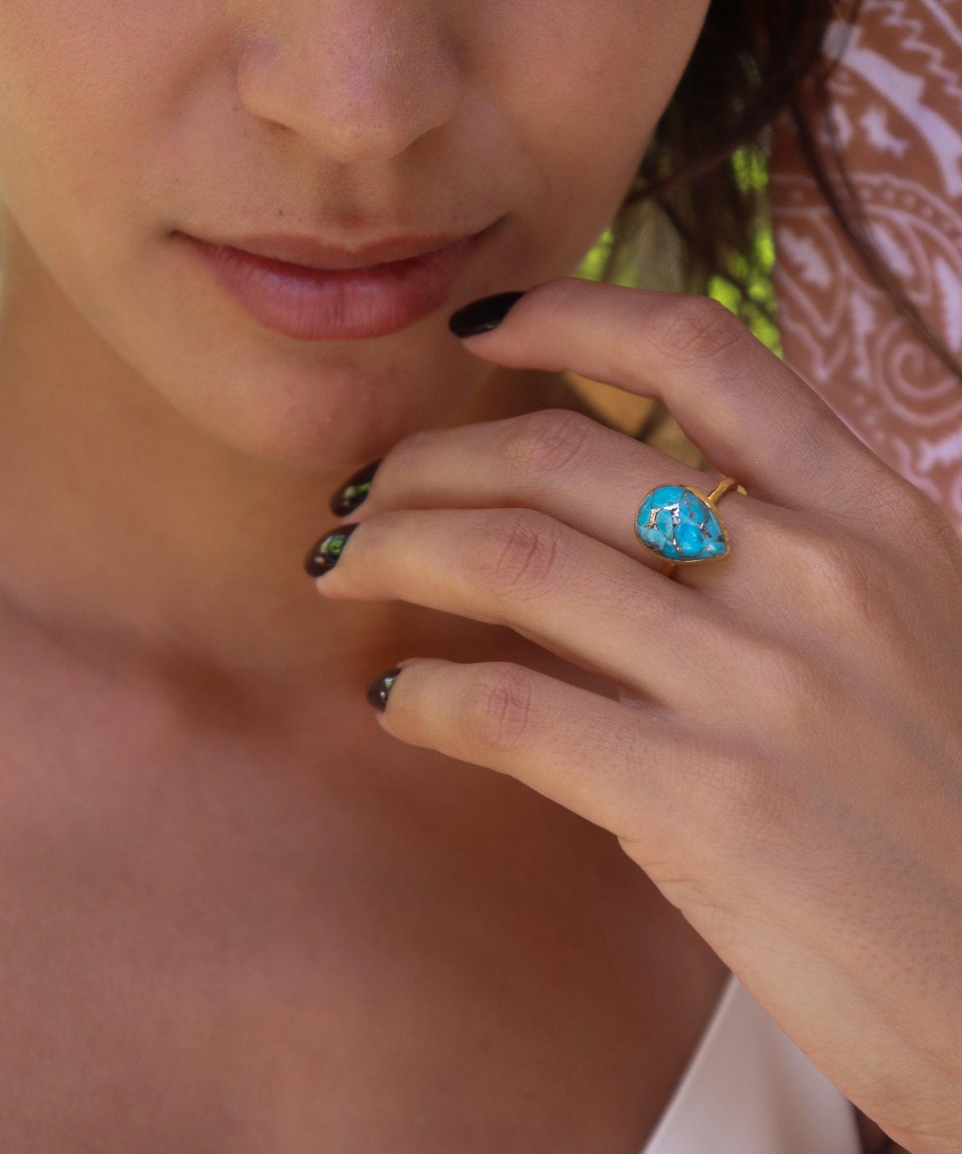 Copper Turquoise Tear Drop Ring ~  18k Gold Plated ~ MR122A - Maresia Jewelry