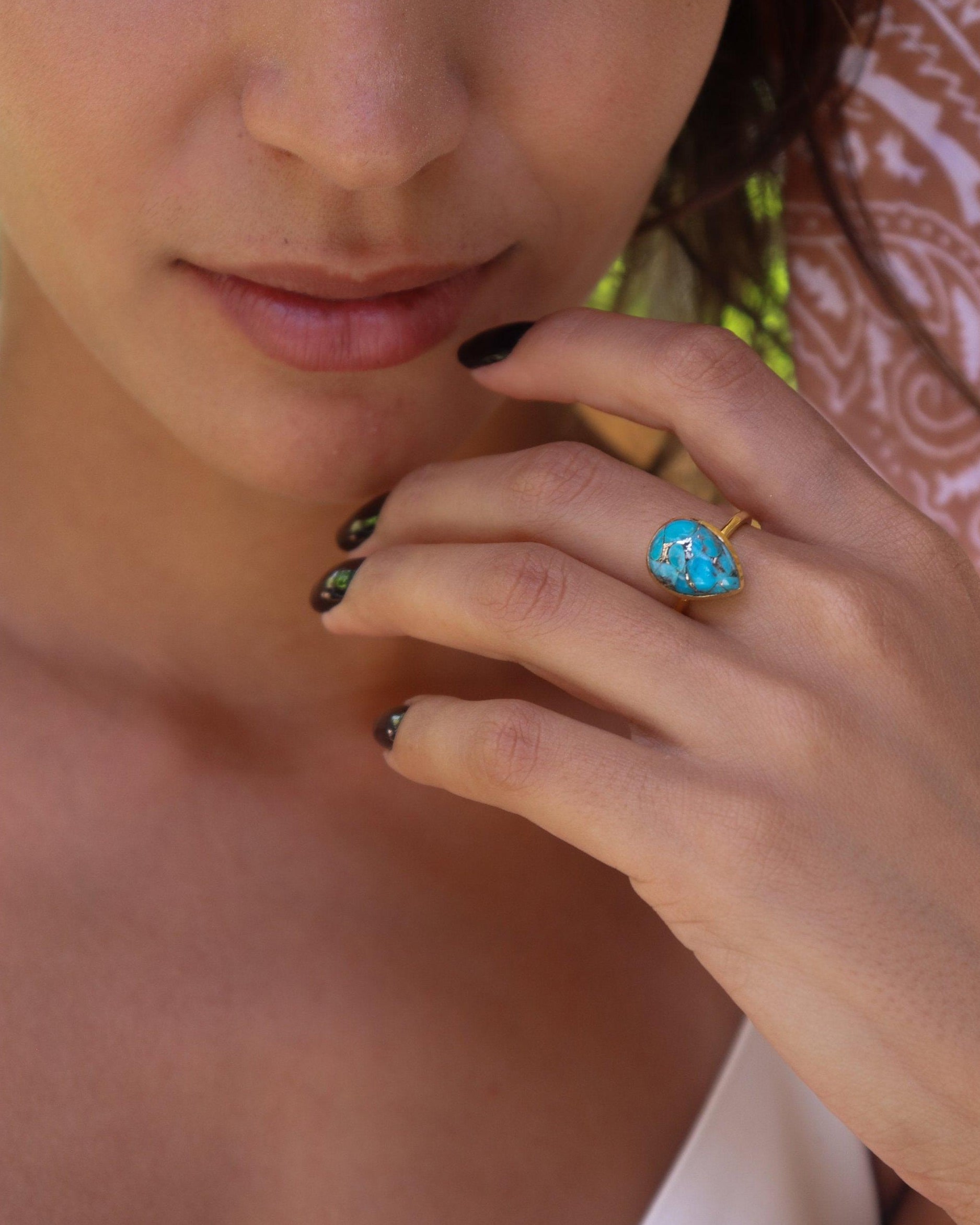 Copper Turquoise Tear Drop Ring ~  18k Gold Plated ~ MR122A - Maresia Jewelry