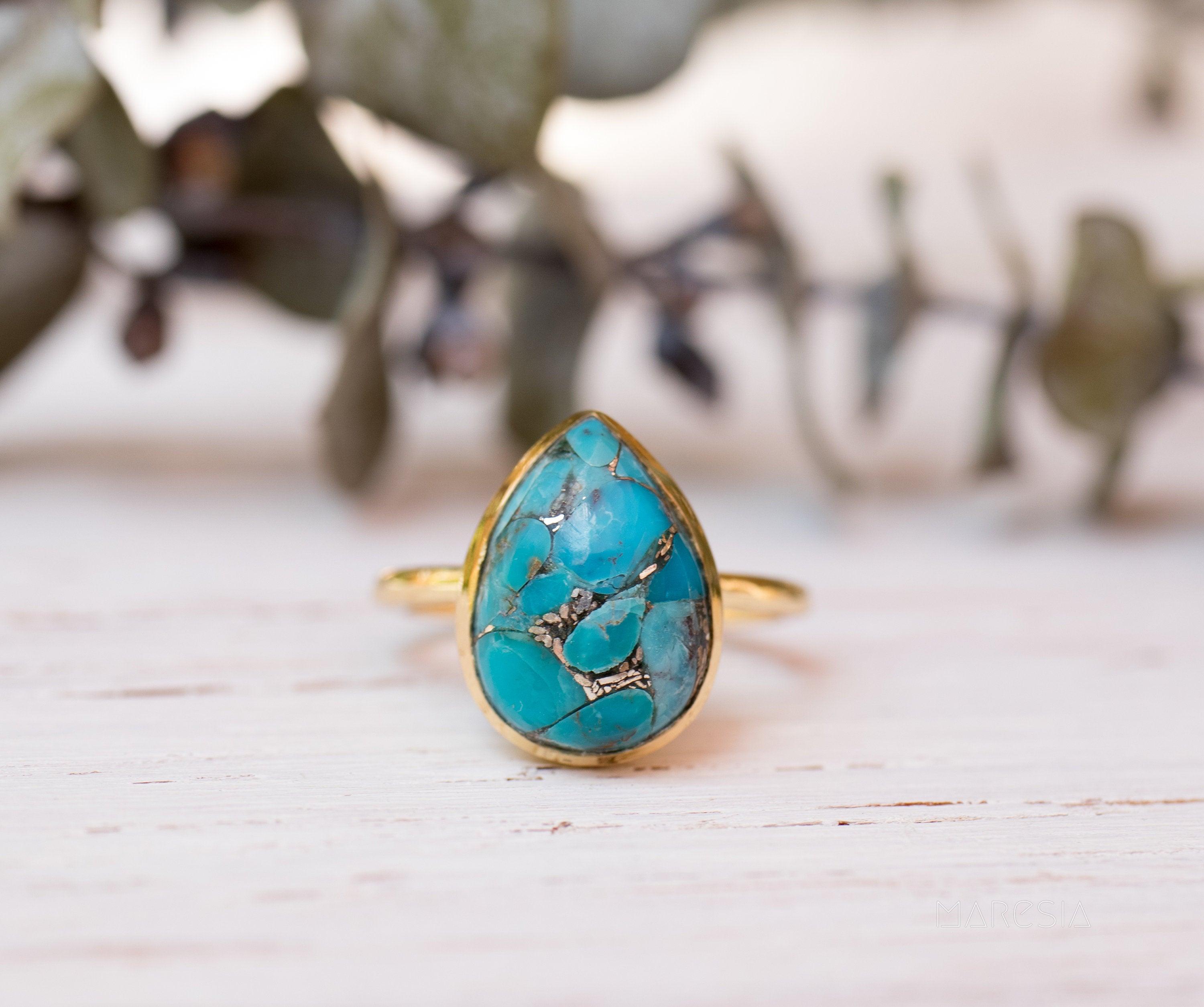 Copper Turquoise Tear Drop Ring ~  18k Gold Plated ~ MR122A - Maresia Jewelry