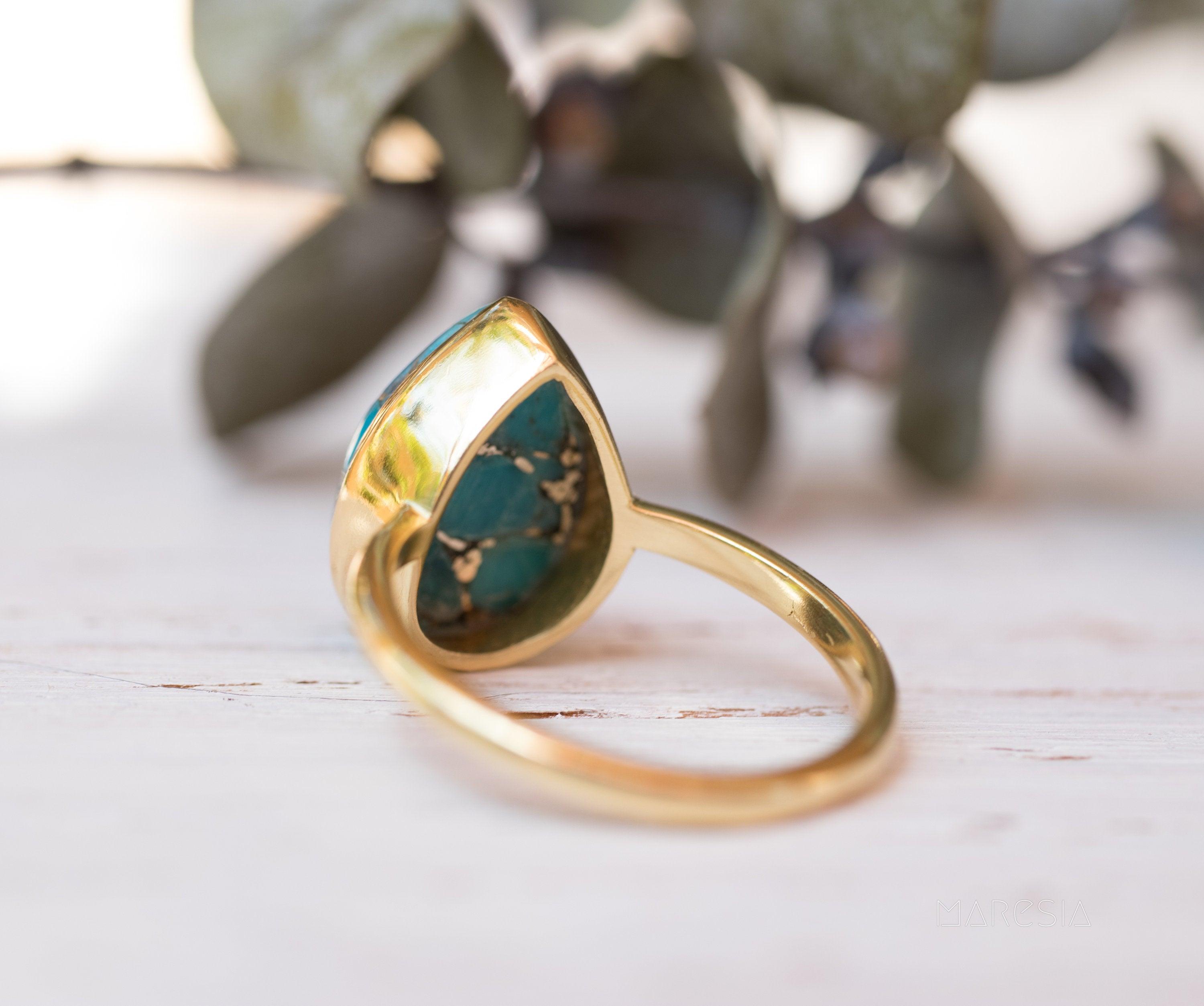Copper Turquoise Tear Drop Ring ~  18k Gold Plated ~ MR122A - Maresia Jewelry