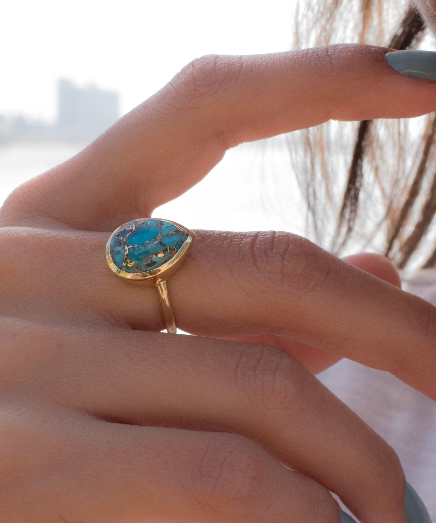 Copper Turquoise Tear Drop Ring ~  18k Gold Plated ~ MR122A - Maresia Jewelry