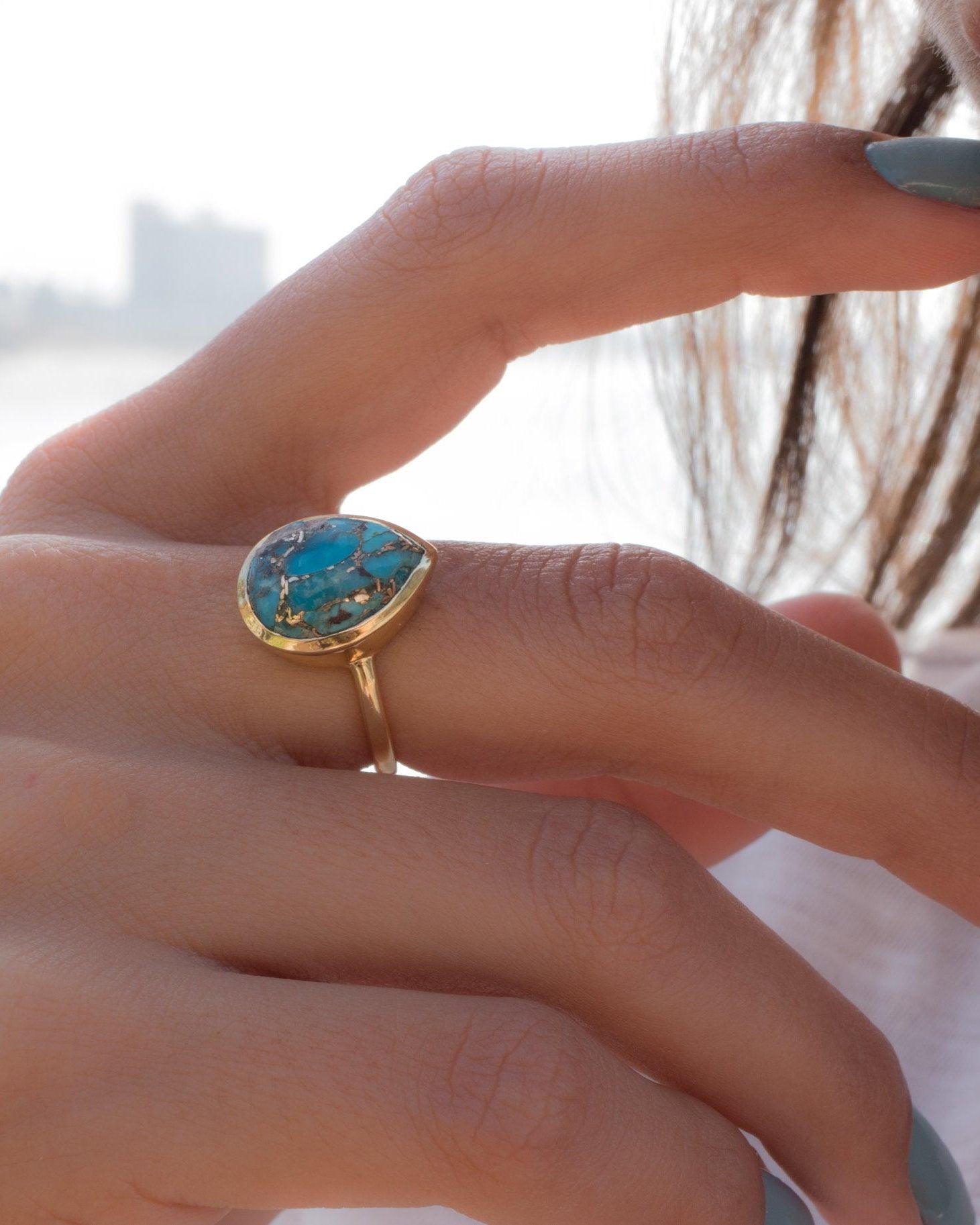 Copper Turquoise Tear Drop Ring ~  18k Gold Plated ~ MR122A - Maresia Jewelry