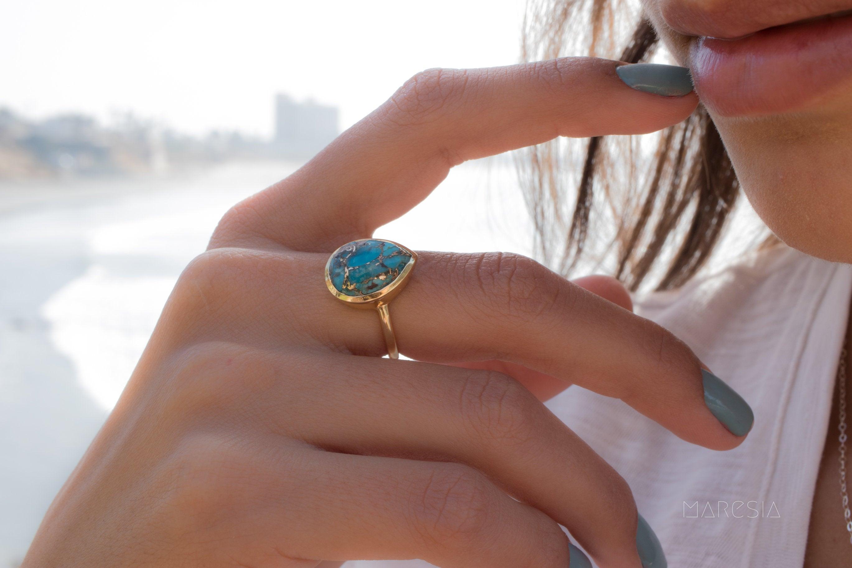 Copper Turquoise Tear Drop Ring ~  18k Gold Plated ~ MR122A - Maresia Jewelry