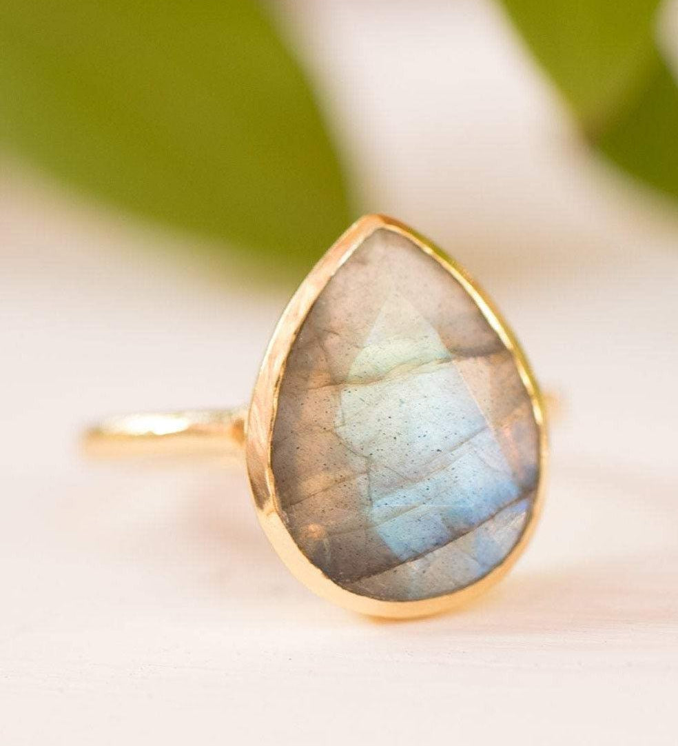 Lia Rainbow Labradorite Tear Drop Ring ~ 18k Gold Plated ~ MR009 - Maresia Jewelry