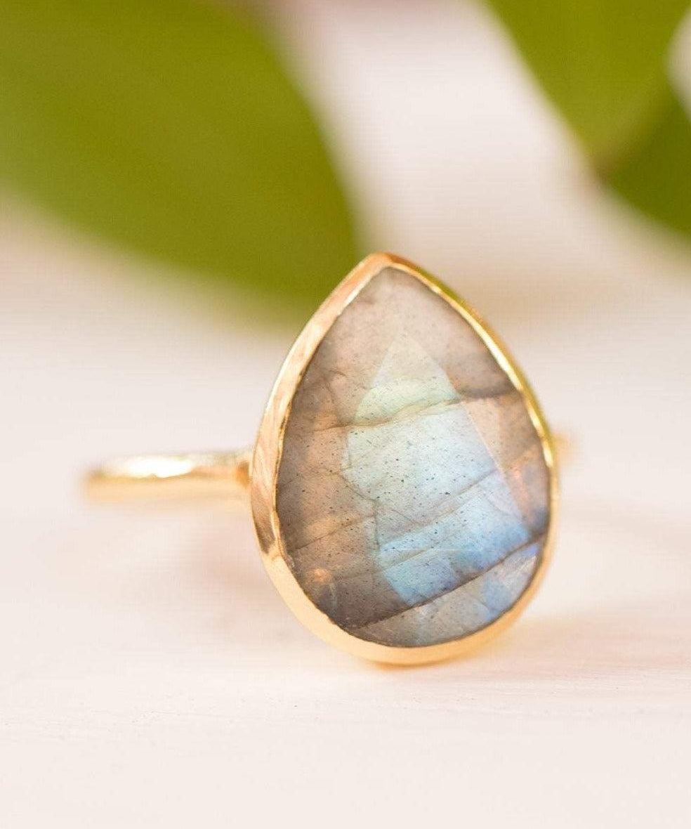 Lia Rainbow Labradorite Tear Drop Ring ~ 18k Gold Plated ~ MR009 - Maresia Jewelry