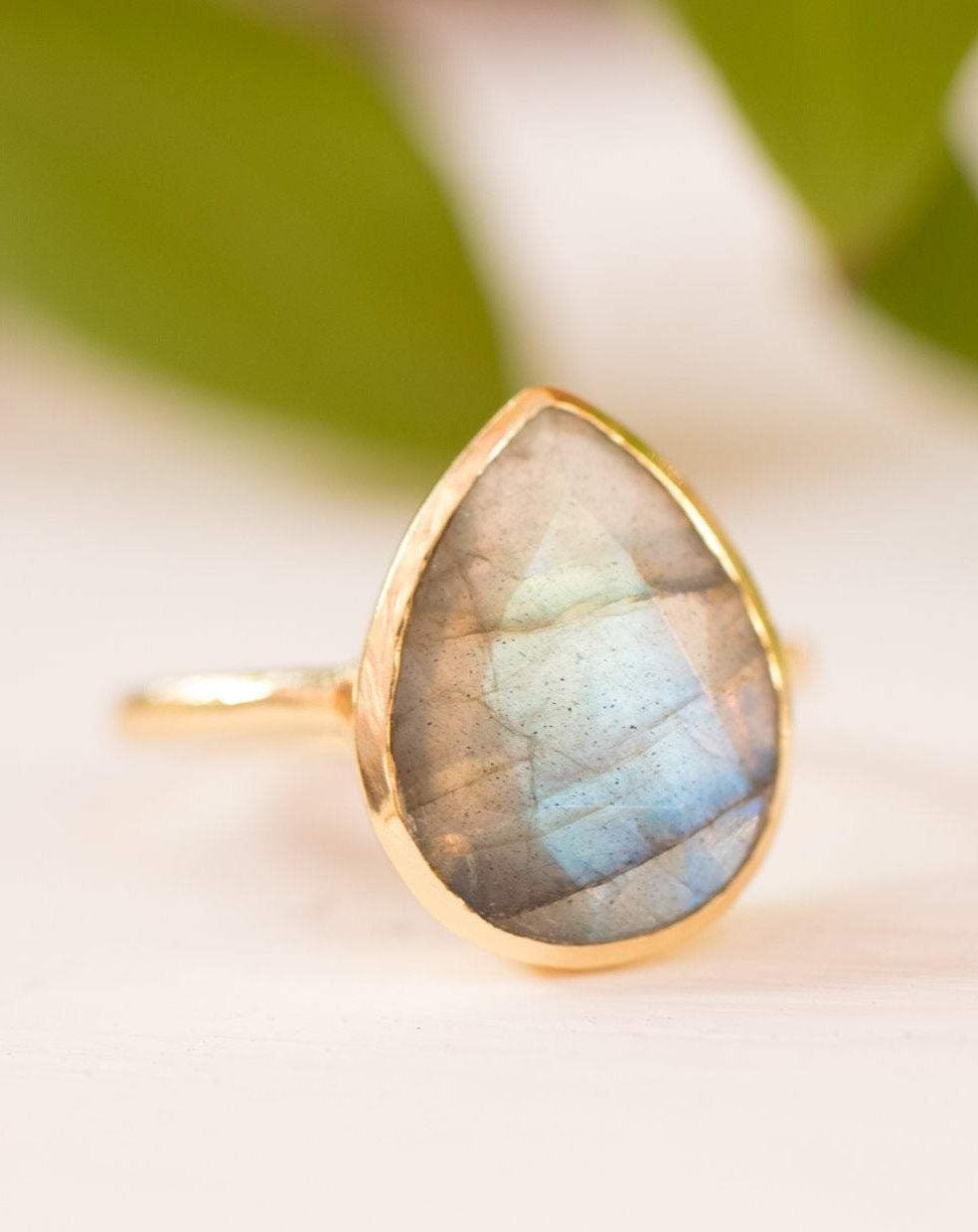 Lia Rainbow Labradorite Tear Drop Ring ~ 18k Gold Plated ~ MR009 - Maresia Jewelry