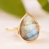 Lia Rainbow Labradorite Tear Drop Ring ~ 18k Gold Plated ~ MR009 - Maresia Jewelry