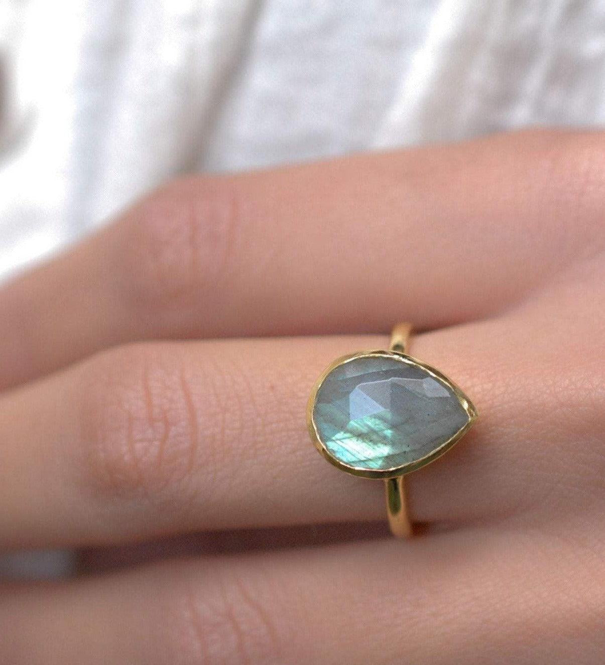 Lia Rainbow Labradorite Tear Drop Ring ~ 18k Gold Plated ~ MR009 - Maresia Jewelry