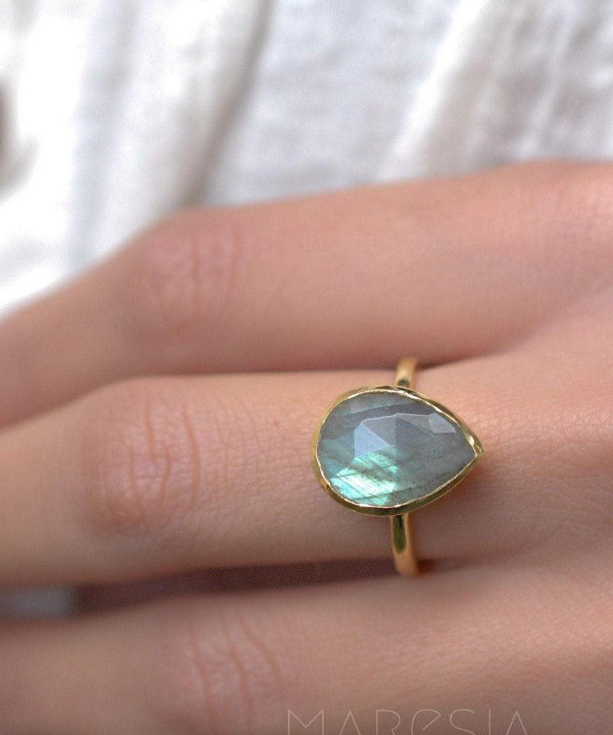 Lia Rainbow Labradorite Tear Drop Ring ~ 18k Gold Plated ~ MR009 - Maresia Jewelry