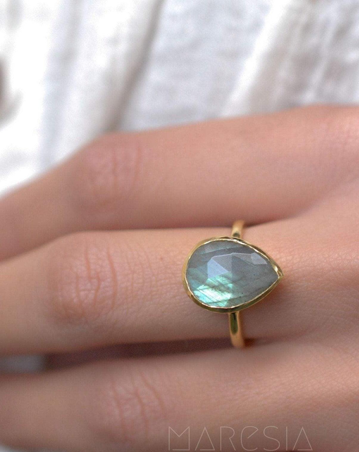 Lia Rainbow Labradorite Tear Drop Ring ~ 18k Gold Plated ~ MR009 - Maresia Jewelry