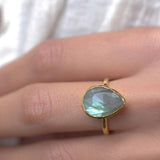 Lia Rainbow Labradorite Tear Drop Ring ~ 18k Gold Plated ~ MR009 - Maresia Jewelry