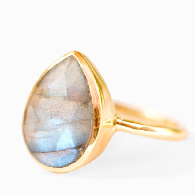 Lia Rainbow Labradorite Tear Drop Ring ~ 18k Gold Plated ~ MR009 - Maresia Jewelry