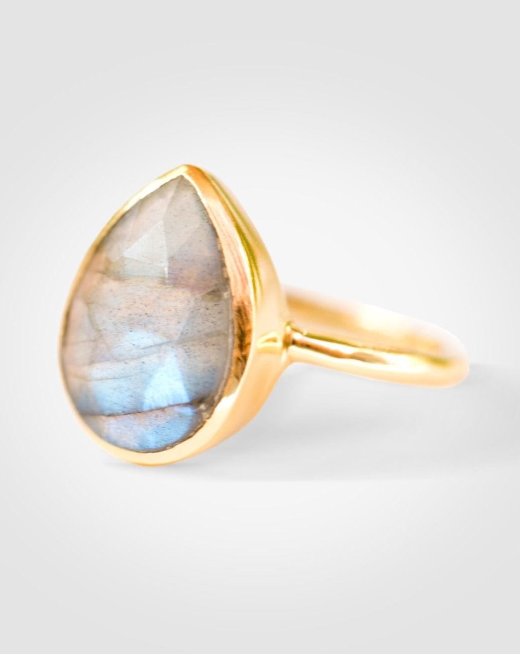 Lia Rainbow Labradorite Tear Drop Ring ~ 18k Gold Plated ~ MR009 - Maresia Jewelry
