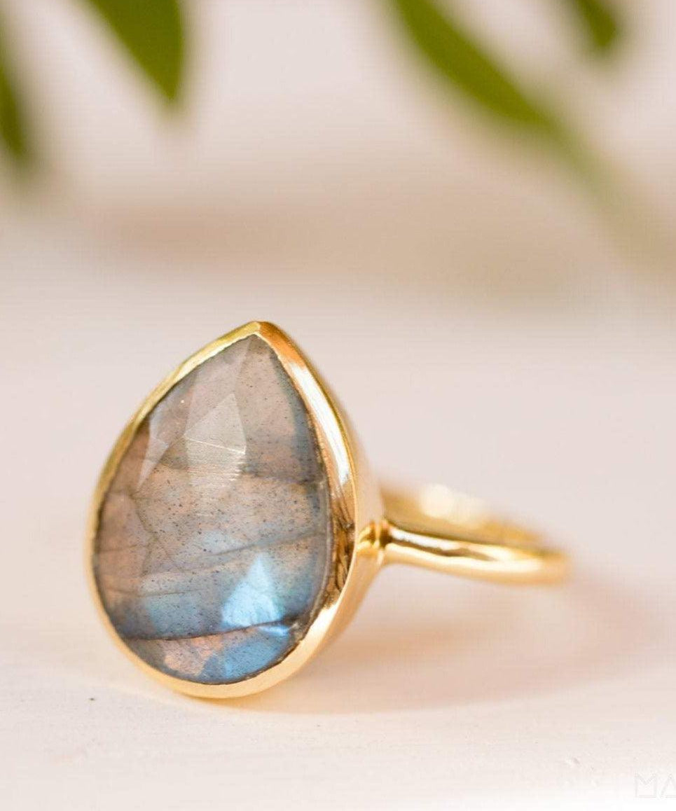 Lia Rainbow Labradorite Tear Drop Ring ~ 18k Gold Plated ~ MR009 - Maresia Jewelry