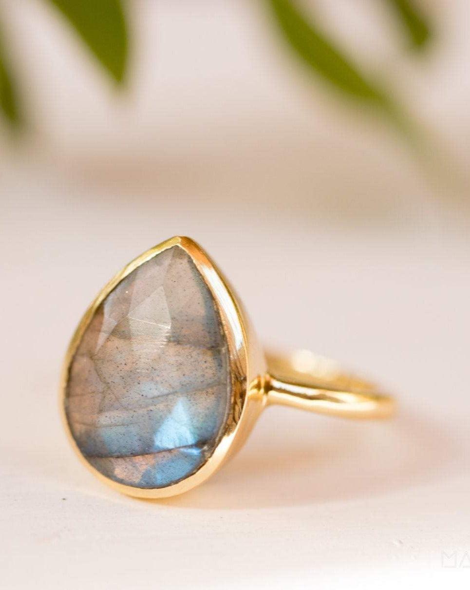 Lia Rainbow Labradorite Tear Drop Ring ~ 18k Gold Plated ~ MR009 - Maresia Jewelry