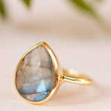 Lia Rainbow Labradorite Tear Drop Ring ~ 18k Gold Plated ~ MR009 - Maresia Jewelry
