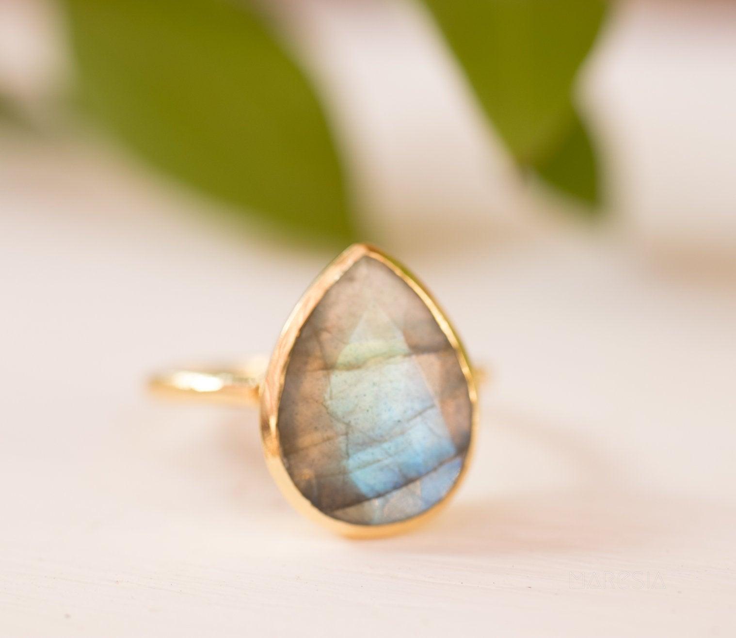 Lia Rainbow Labradorite Tear Drop Ring ~ 18k Gold Plated ~ MR009 - Maresia Jewelry