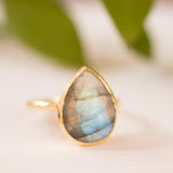 Lia Rainbow Labradorite Tear Drop Ring ~ 18k Gold Plated ~ MR009 - Maresia Jewelry
