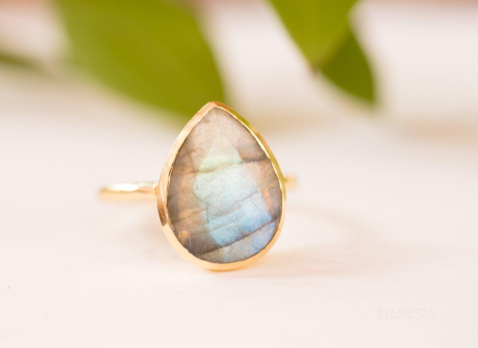 Lia Rainbow Labradorite Tear Drop Ring ~ 18k Gold Plated ~ MR009 - Maresia Jewelry