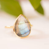 Lia Rainbow Labradorite Tear Drop Ring ~ 18k Gold Plated ~ MR009 - Maresia Jewelry