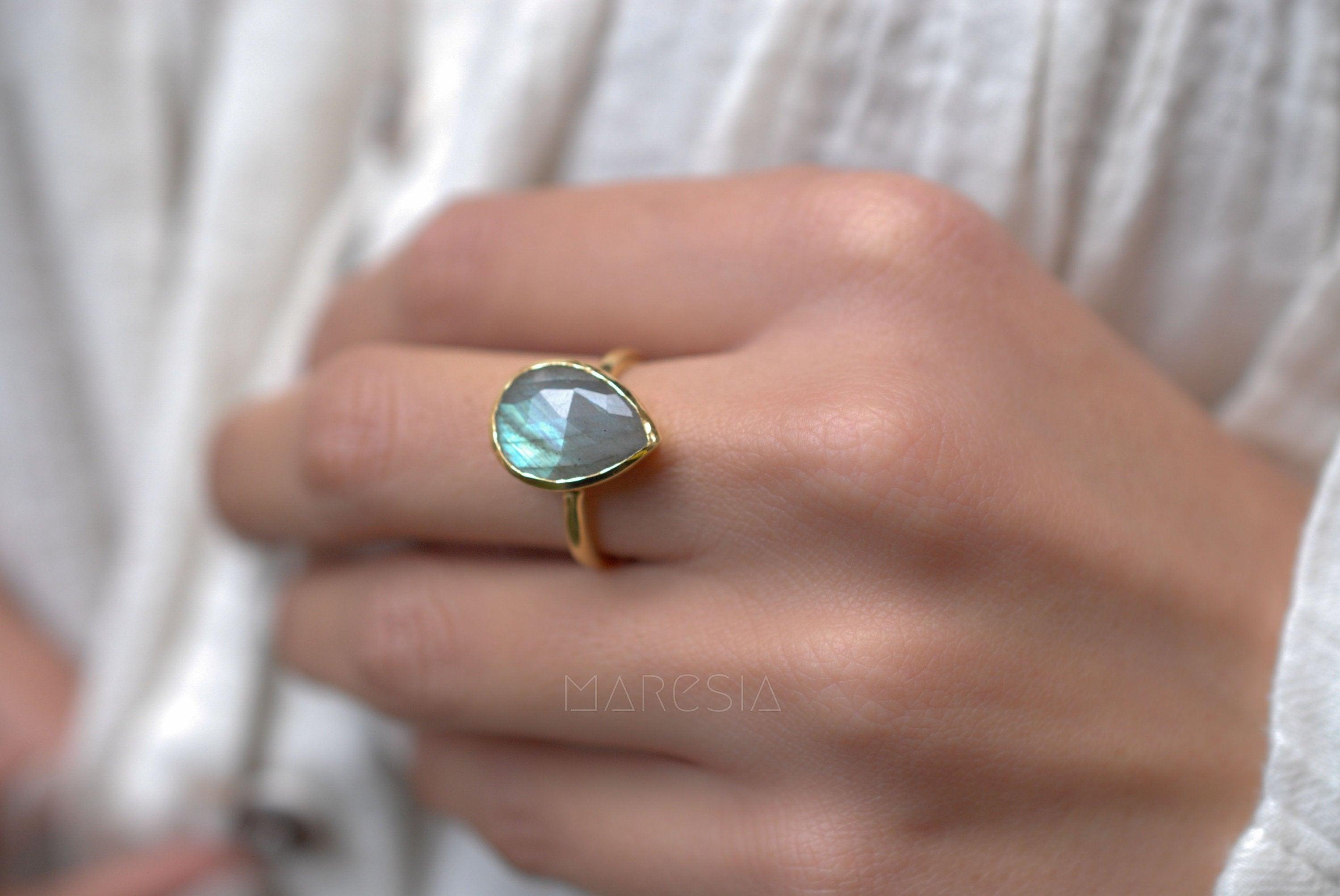 Lia Rainbow Labradorite Tear Drop Ring ~ 18k Gold Plated ~ MR009 - Maresia Jewelry