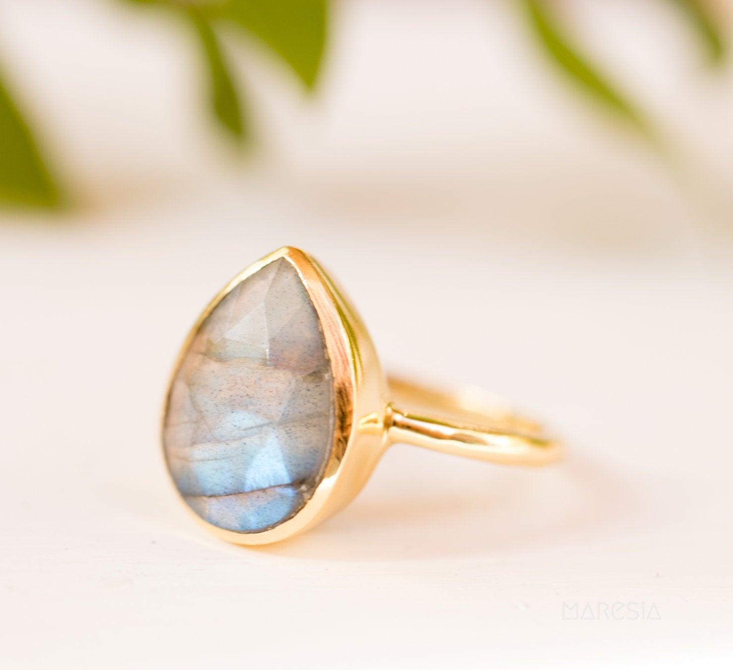 Lia Rainbow Labradorite Tear Drop Ring ~ 18k Gold Plated ~ MR009 - Maresia Jewelry