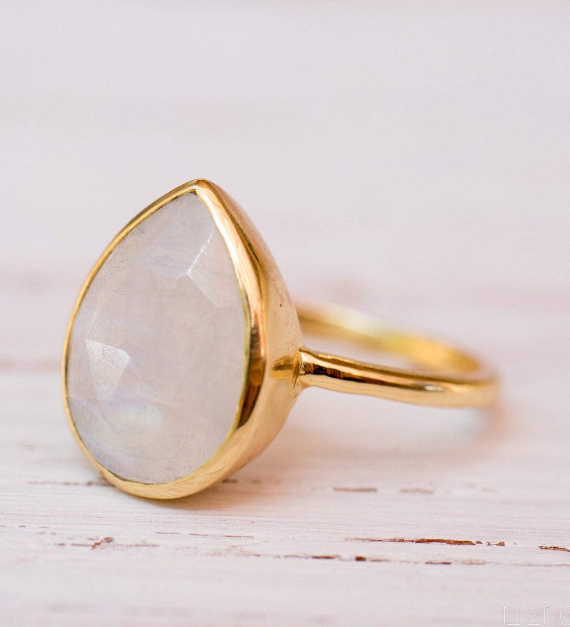 Lia Rainbow Moonstone Tear Drop Ring  ~ 18k Gold Plated ~  MR147 - Maresia Jewelry