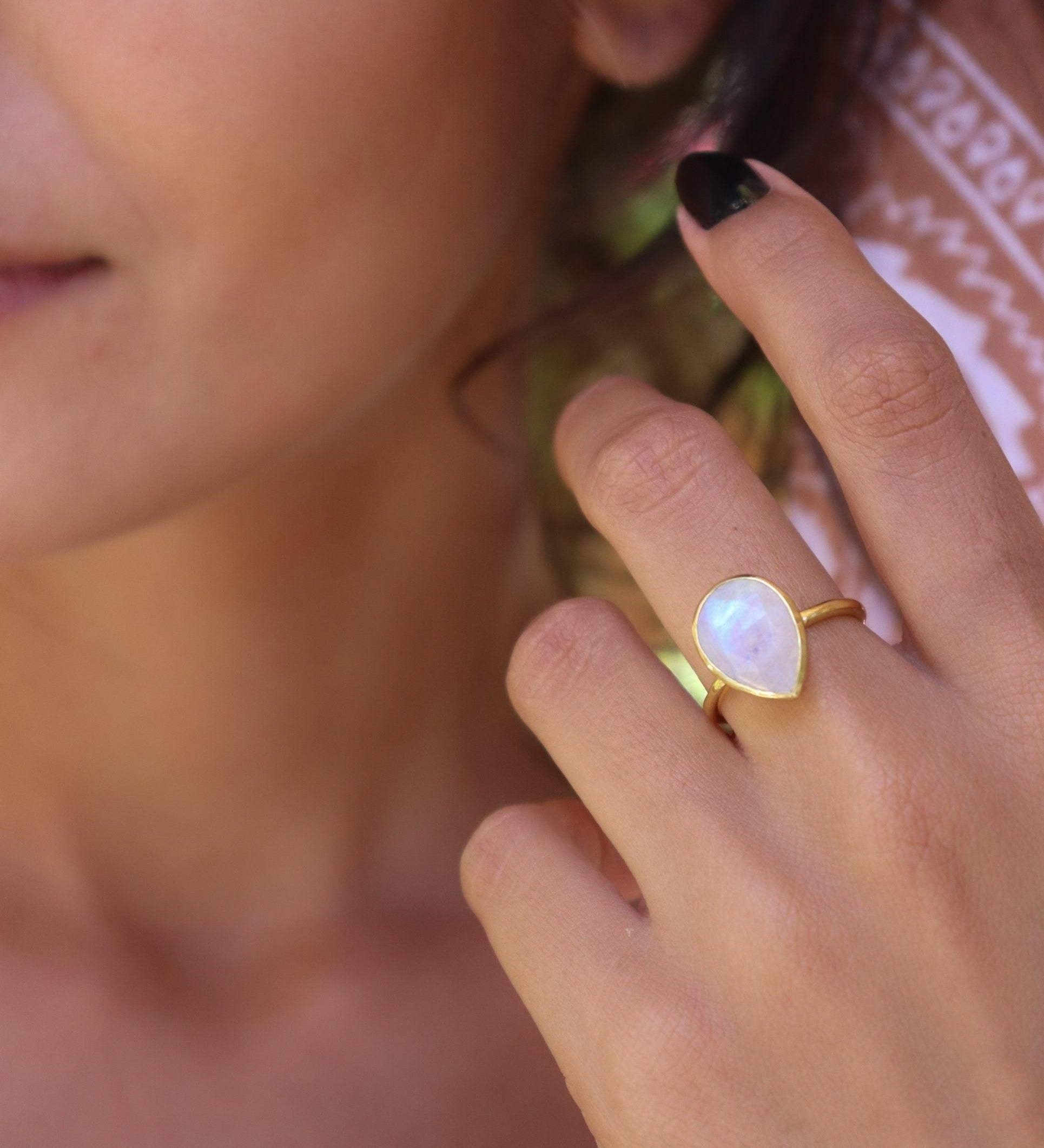 Lia Rainbow Moonstone Tear Drop Ring  ~ 18k Gold Plated ~  MR147 - Maresia Jewelry