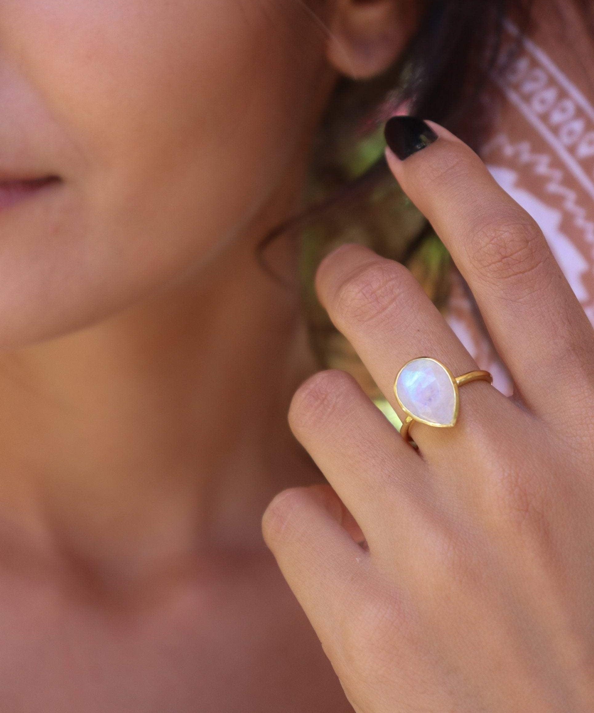 Lia Rainbow Moonstone Tear Drop Ring  ~ 18k Gold Plated ~  MR147 - Maresia Jewelry