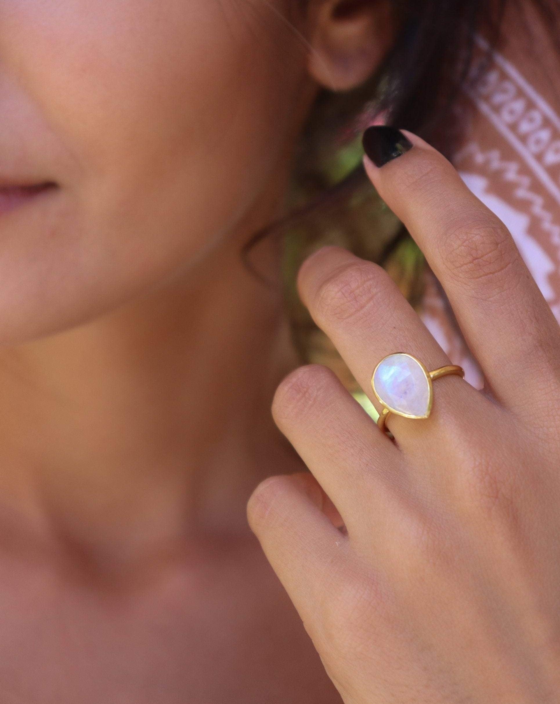 Lia Rainbow Moonstone Tear Drop Ring  ~ 18k Gold Plated ~  MR147 - Maresia Jewelry