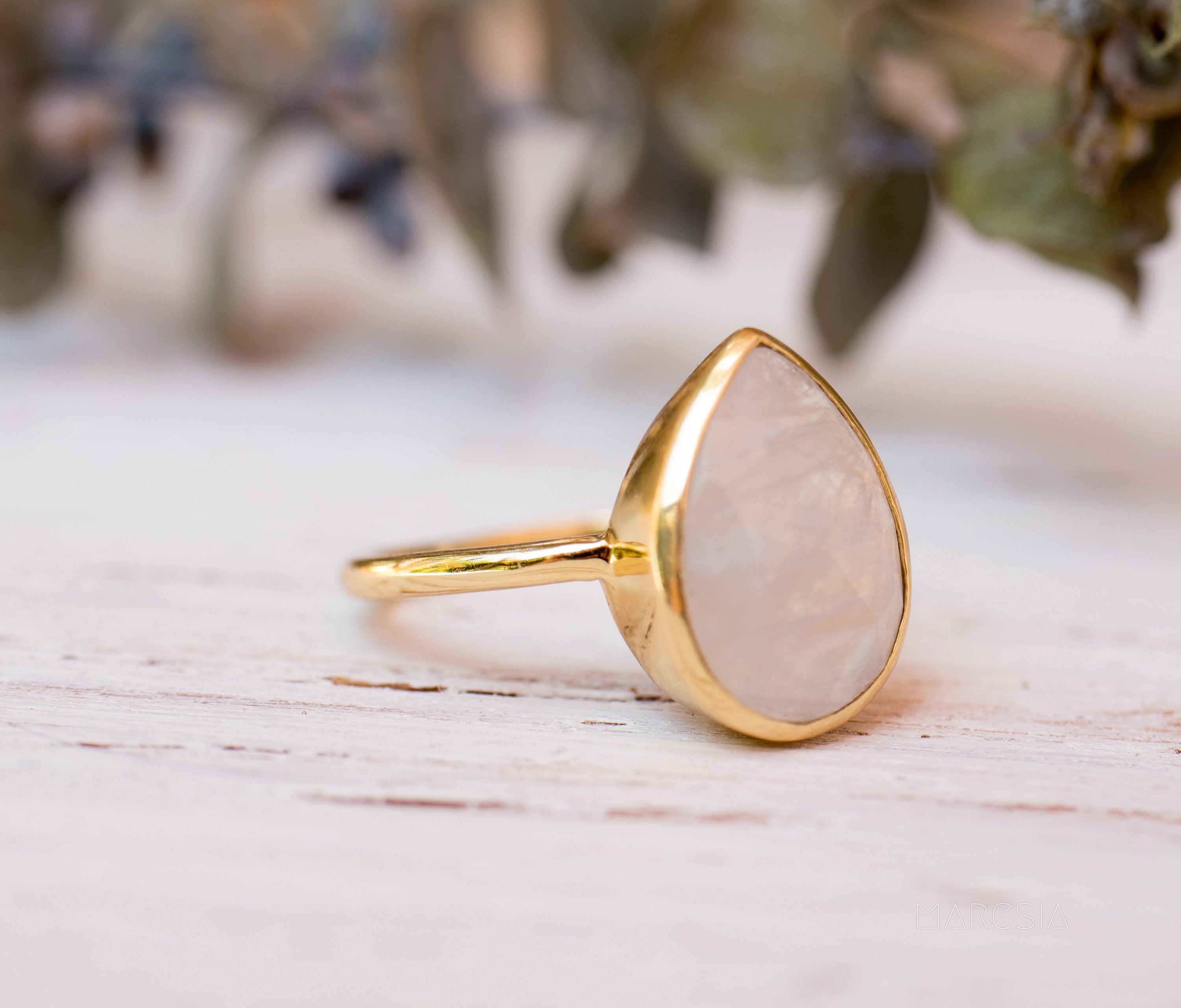 Lia Rainbow Moonstone Tear Drop Ring  ~ 18k Gold Plated ~  MR147 - Maresia Jewelry
