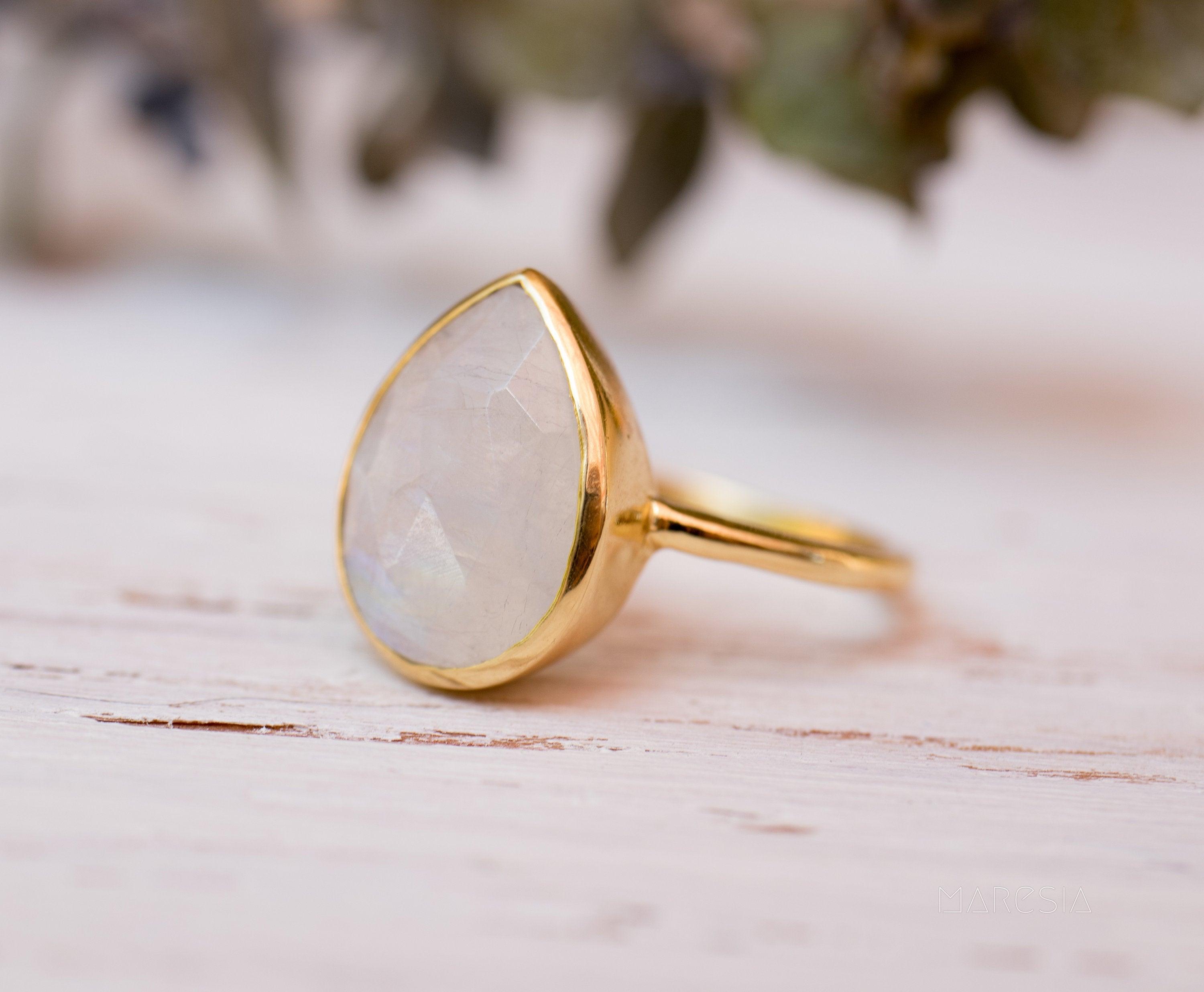 Lia Rainbow Moonstone Tear Drop Ring  ~ 18k Gold Plated ~  MR147 - Maresia Jewelry