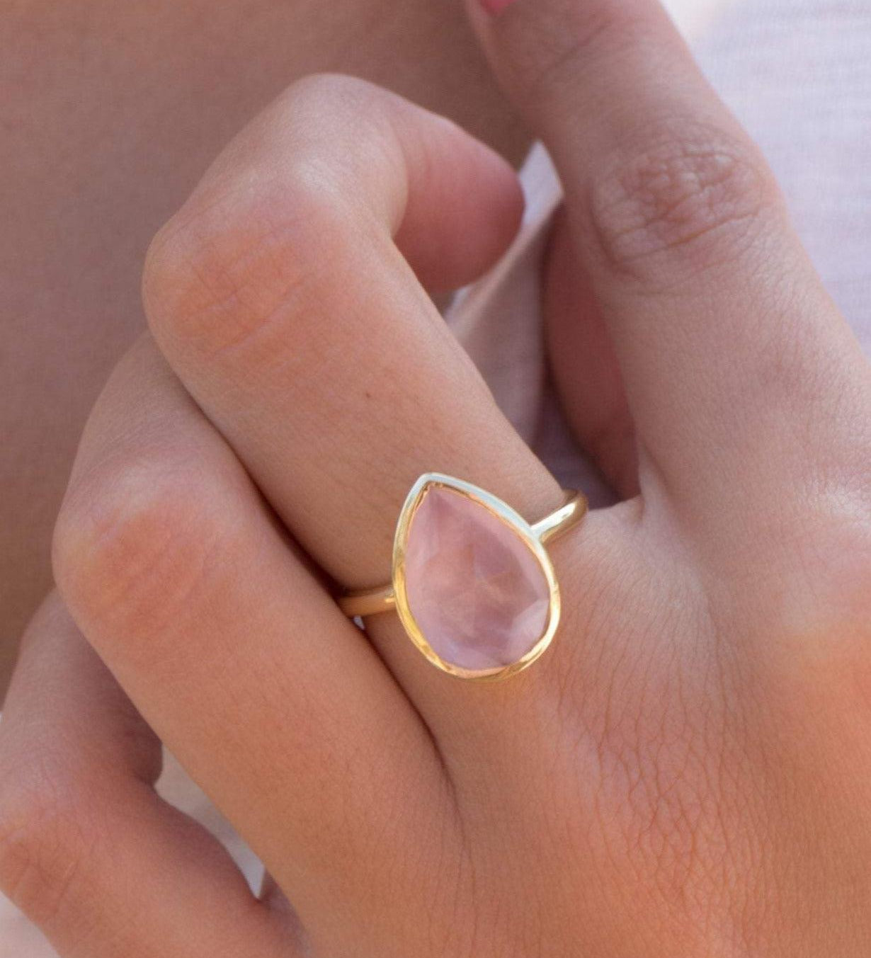 Rose Quartz Tear Drop Ring ~ 18k Gold Plated ~ MR148 - Maresia Jewelry