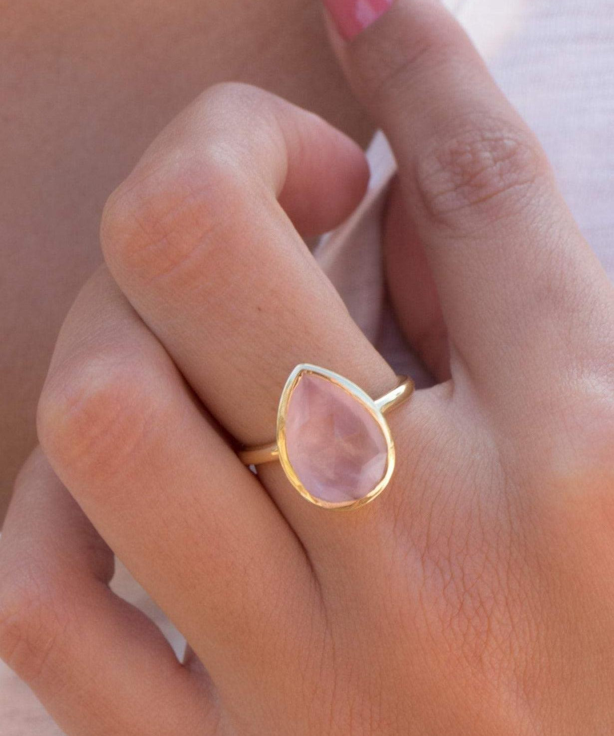 Rose Quartz Tear Drop Ring ~ 18k Gold Plated ~ MR148 - Maresia Jewelry