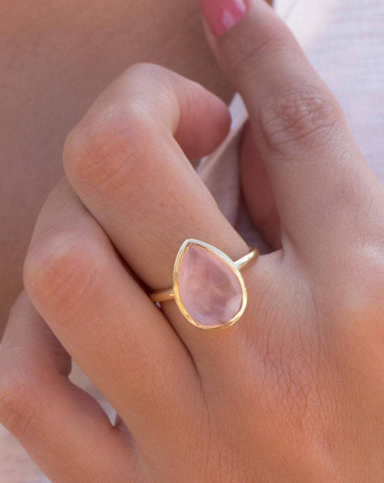 Rose Quartz Tear Drop Ring ~ 18k Gold Plated ~ MR148 - Maresia Jewelry